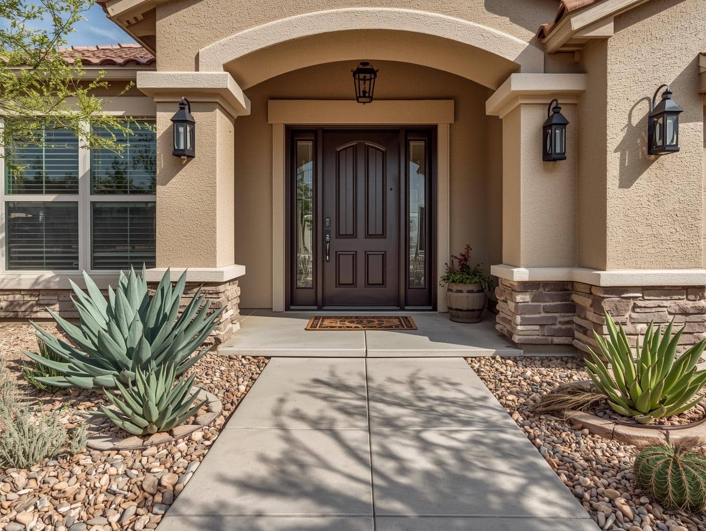 clean arizona front entry with desert landscaping and a simple doormat
