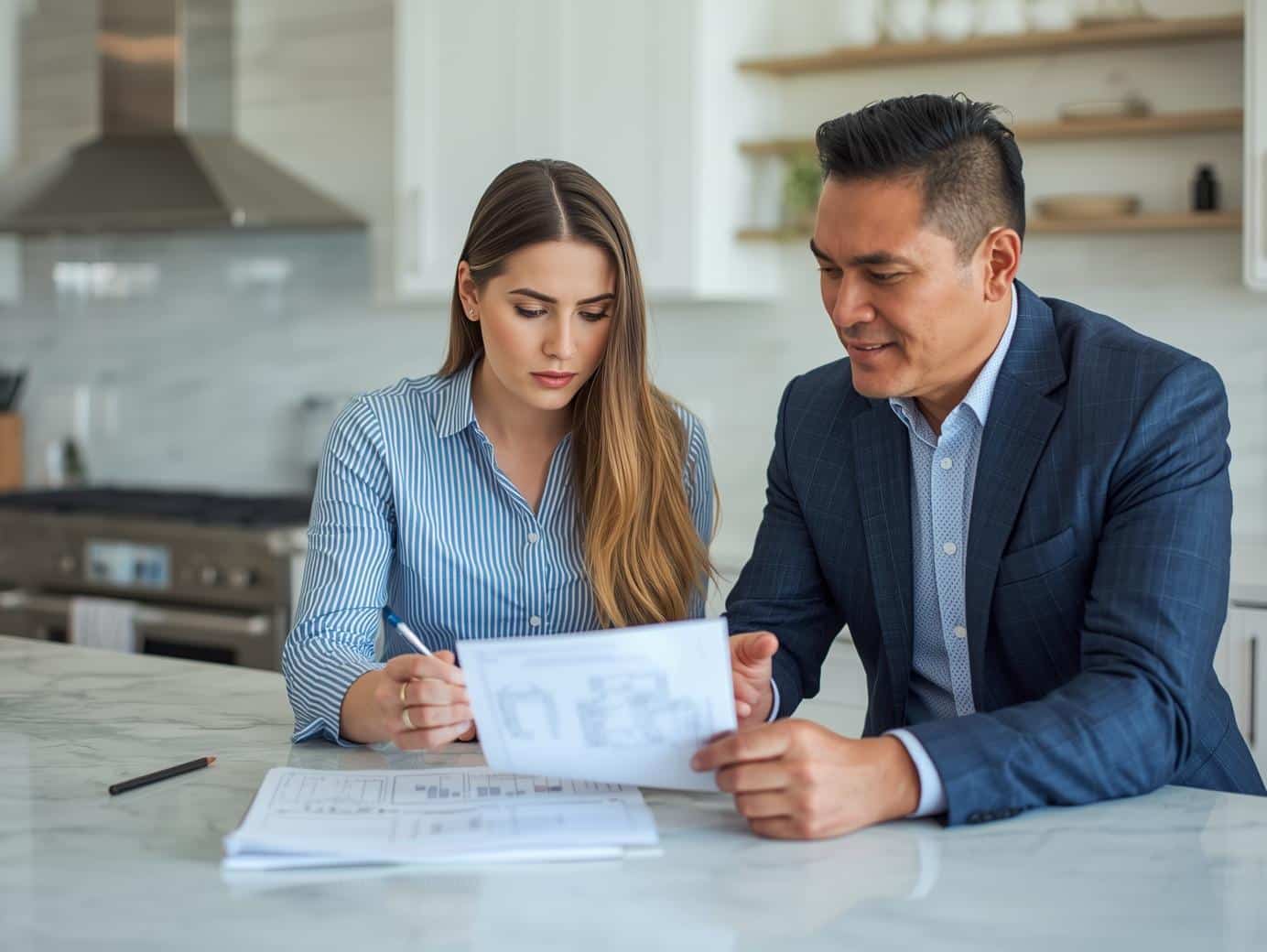Seller reviewing pricing notes with an agent at a kitchen island