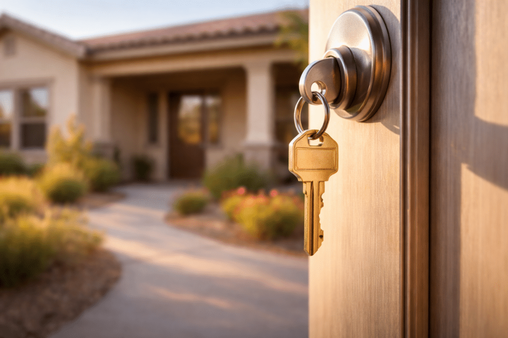 House key in front door lock of a Coolidge Arizona ranch-style home with warm afternoon light — West USA Realty