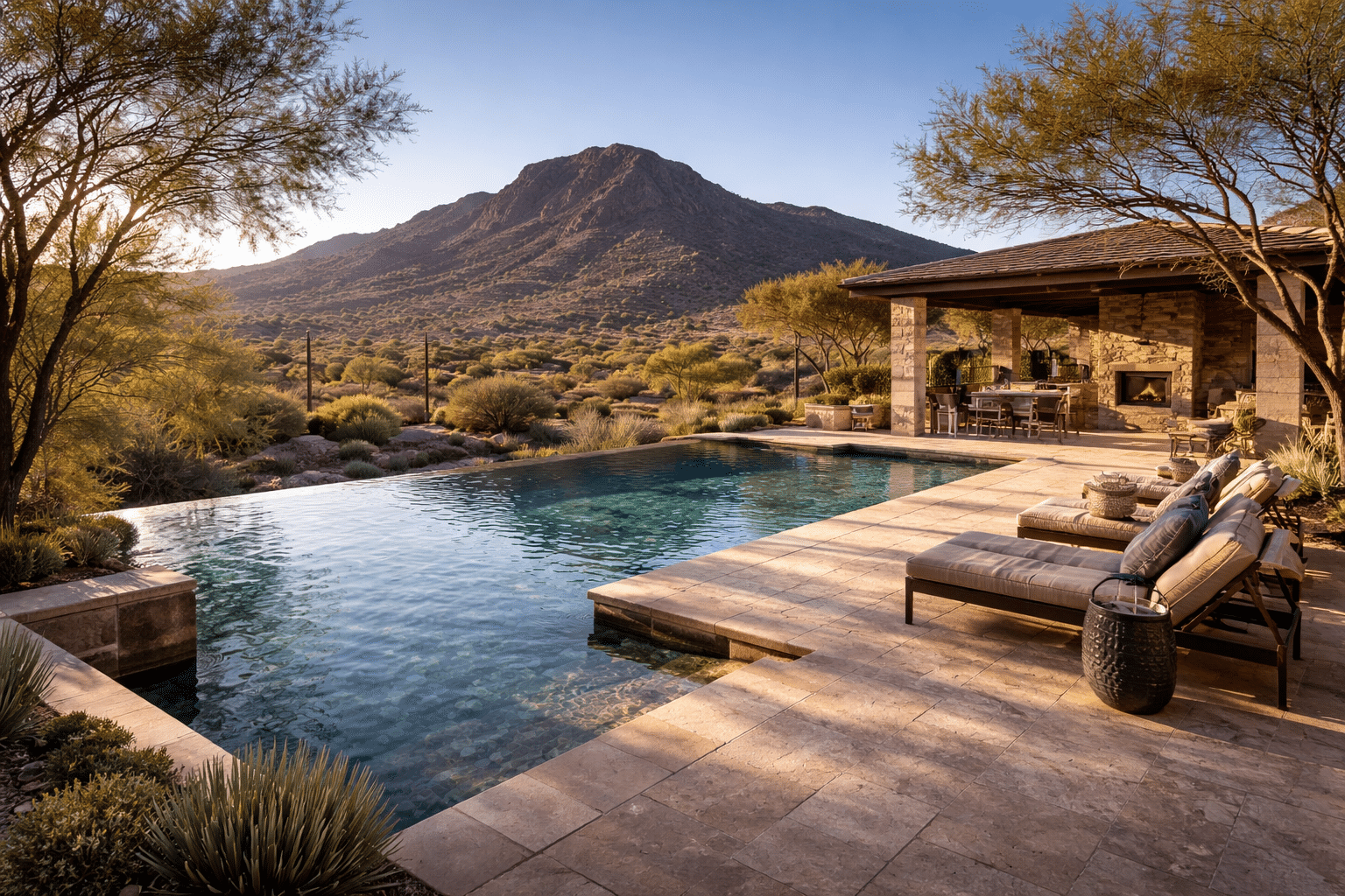 Carefree Arizona luxury home resort-style vanishing-edge pool with Black Mountain view and outdoor kitchen at golden hour — West USA Realty