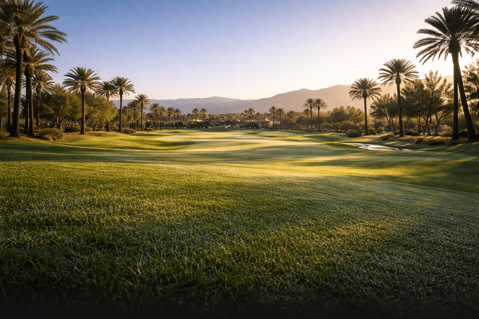 Wide golf course fairway with palm trees and desert hills at golden hour in Chandler Arizona active adult community — West USA Realty
