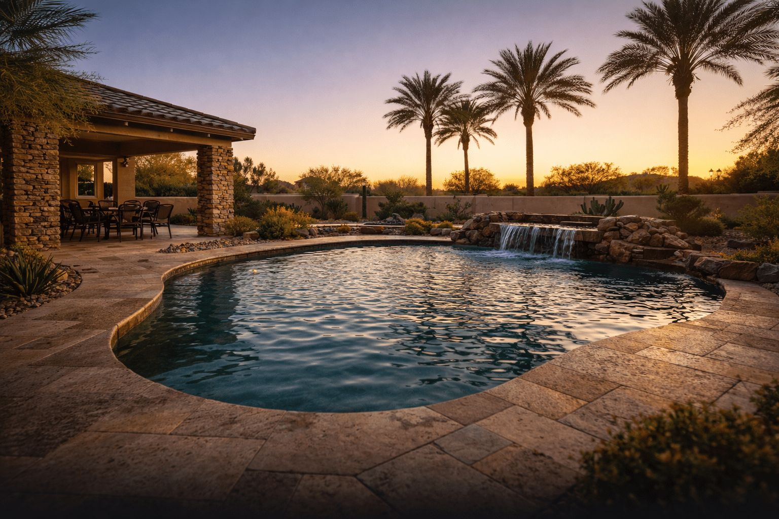 Resort-style backyard with freeform pool and travertine decking at golden hour in a Chandler Arizona home — West USA Realty