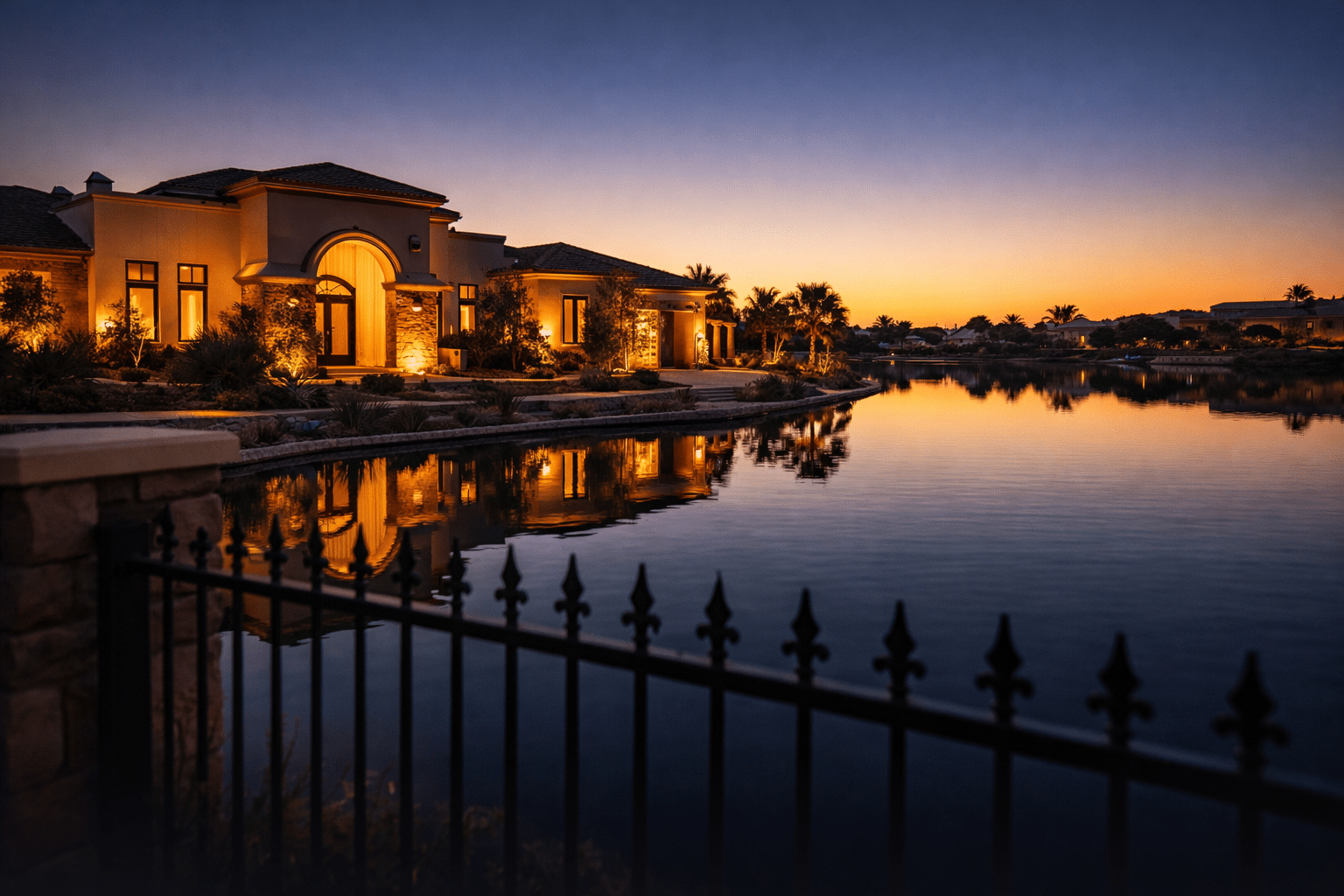 Luxury Chandler Arizona estate exterior with community lake and amber uplighting at dusk — West USA Realty