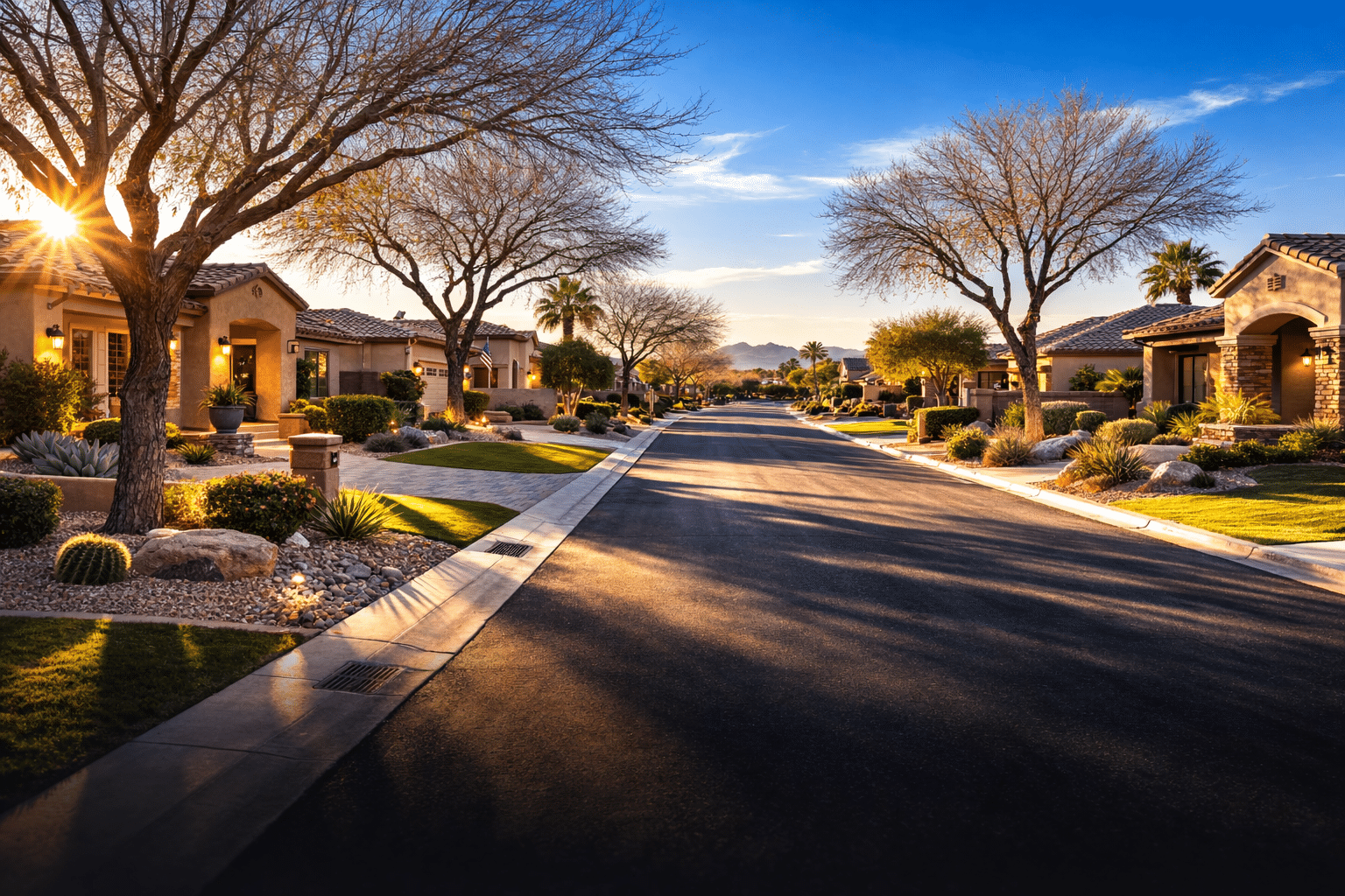 Quiet established residential street in Chandler Arizona neighborhood with single-story stucco homes under a crisp winter blue sky — West USA Realty