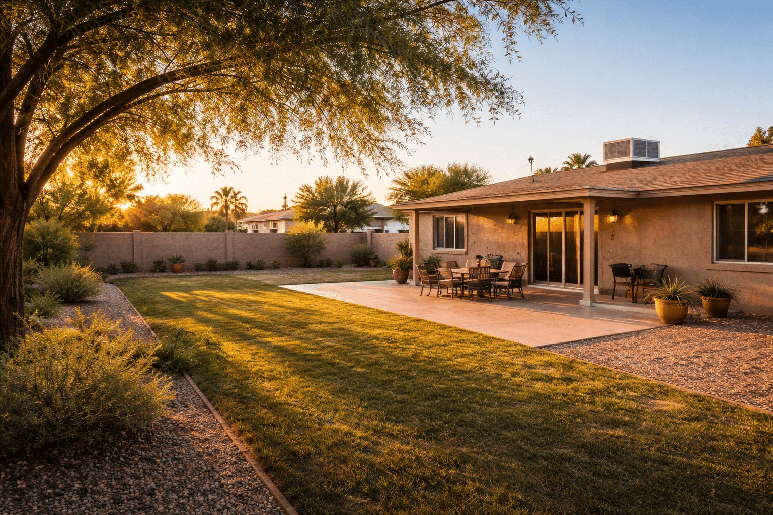 Spacious backyard of an older El Mirage Arizona single-family home with wide concrete patio and mature shade tree at golden hour — West USA Realty