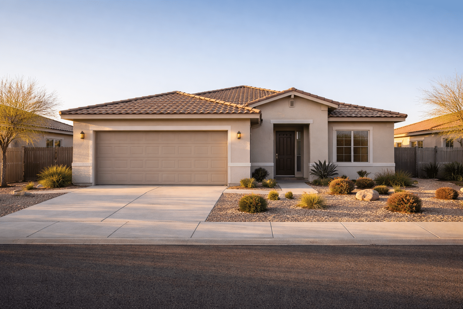 Newer single-story home with two-car garage in an El Mirage Arizona HOA subdivision under a clear winter blue sky — West USA Realty