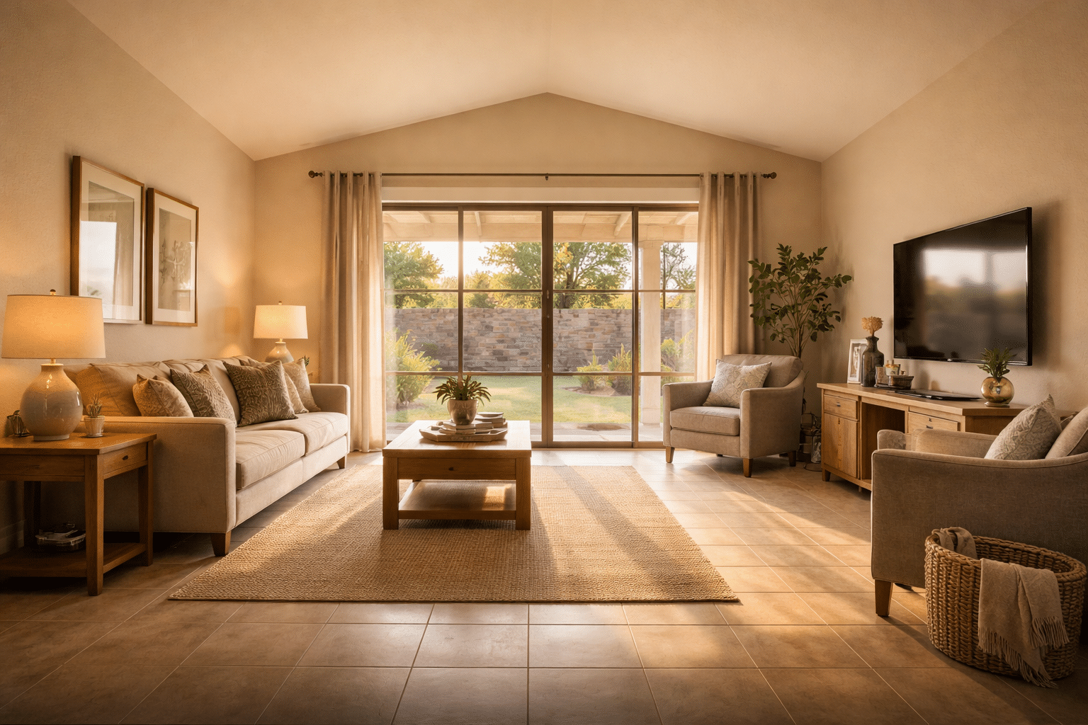 Living room interior of an El Mirage Arizona resale home with tile floors and warm afternoon light through a sliding glass door — West USA Realty