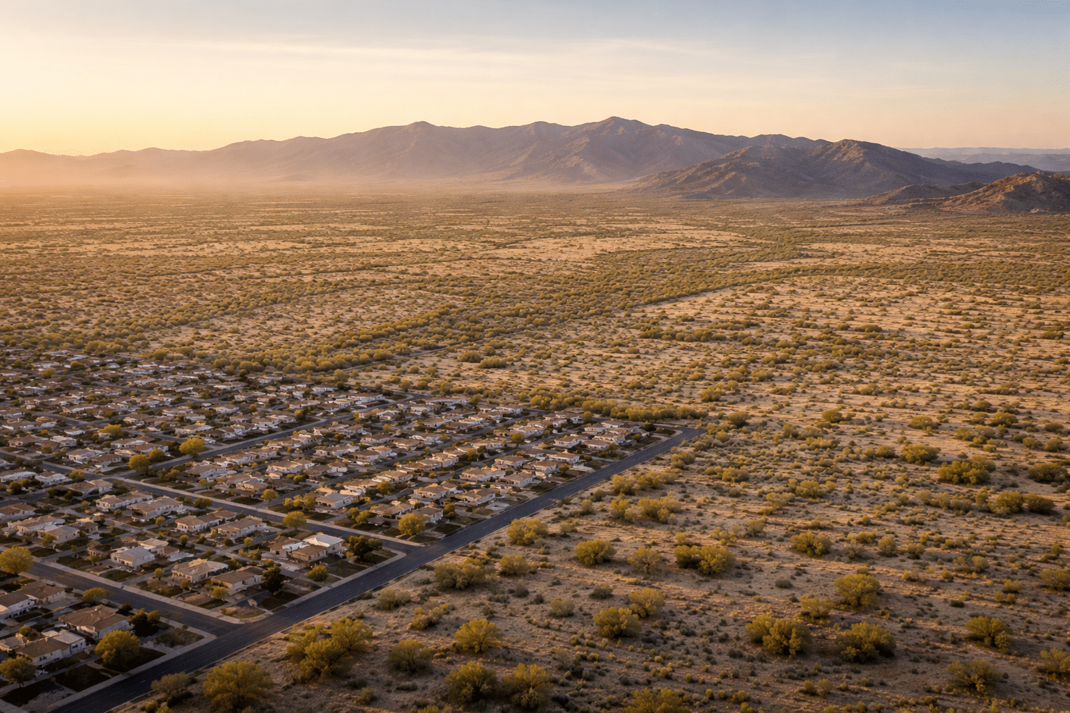 Aerial view of the Sonoran Desert landscape west of Phoenix at dawn with White Tank Mountains on the horizon and residential community grid below — West USA Realty