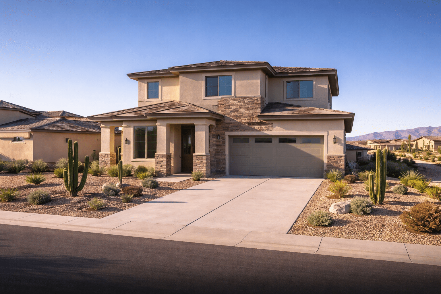 New construction home with stucco and stone facade and fresh desert landscaping in a Florence, Arizona master-planned subdivision — West USA Realty