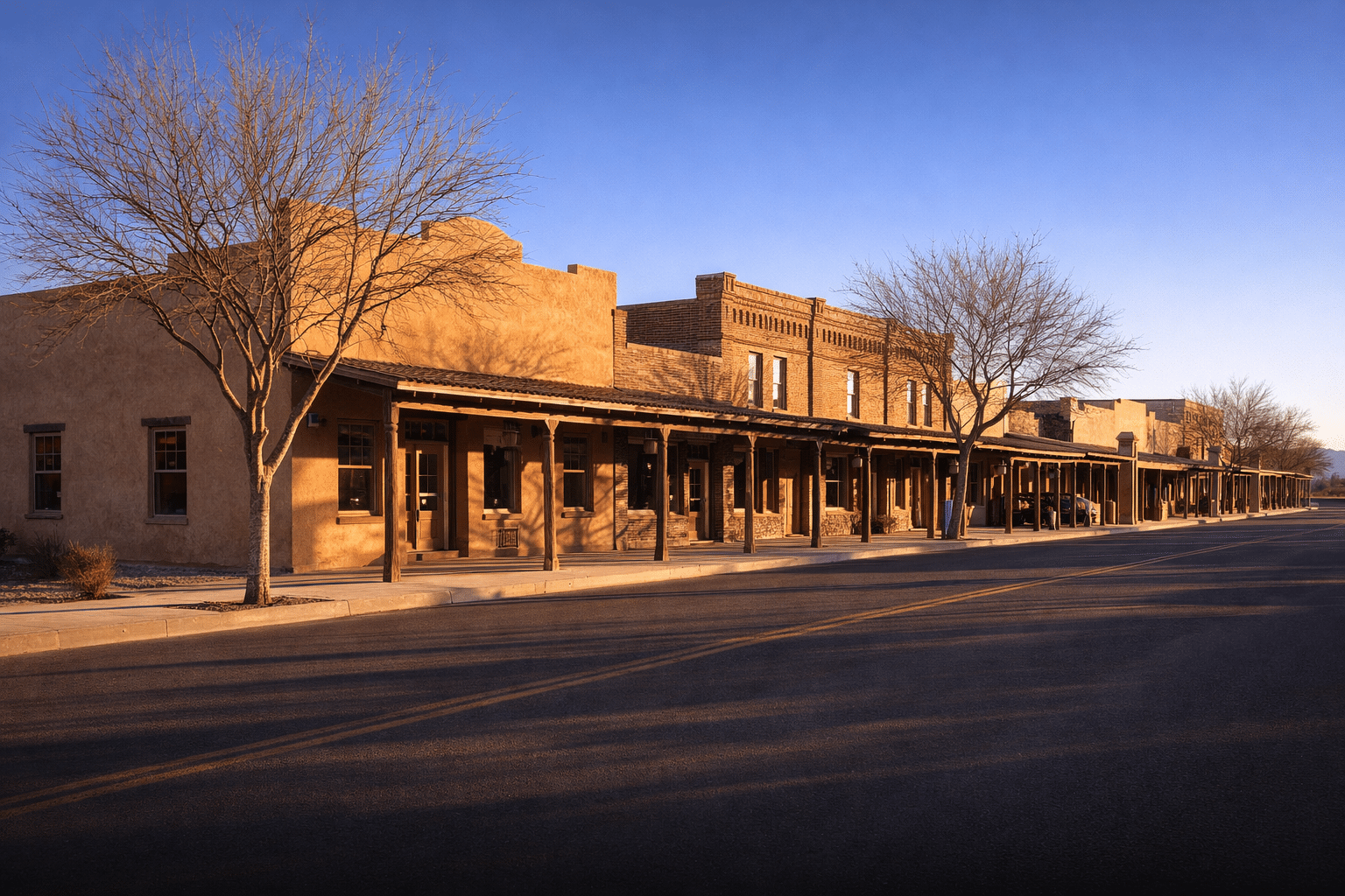 Territorial-style historic main street architecture in Florence, Arizona with bare winter palo verde trees and deep-blue winter sky — West USA Realty