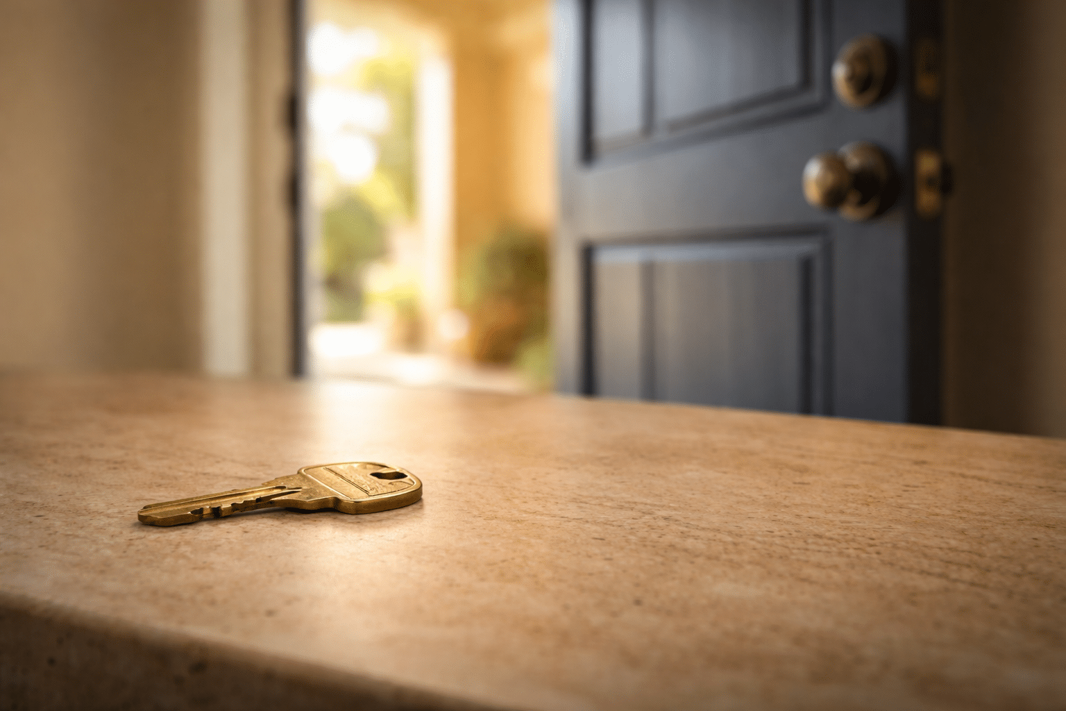 Brass house key resting on travertine countertop beside a navy-blue front door with warm natural light — West USA Realty