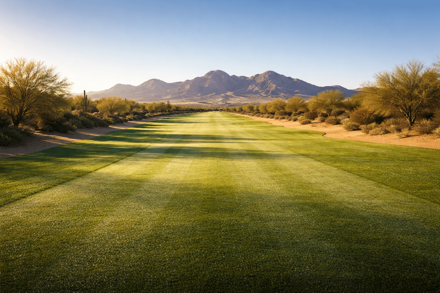Desert golf course fairway with Sonoran mountain backdrop in crisp winter morning light, Pinal County Arizona — West USA Realty