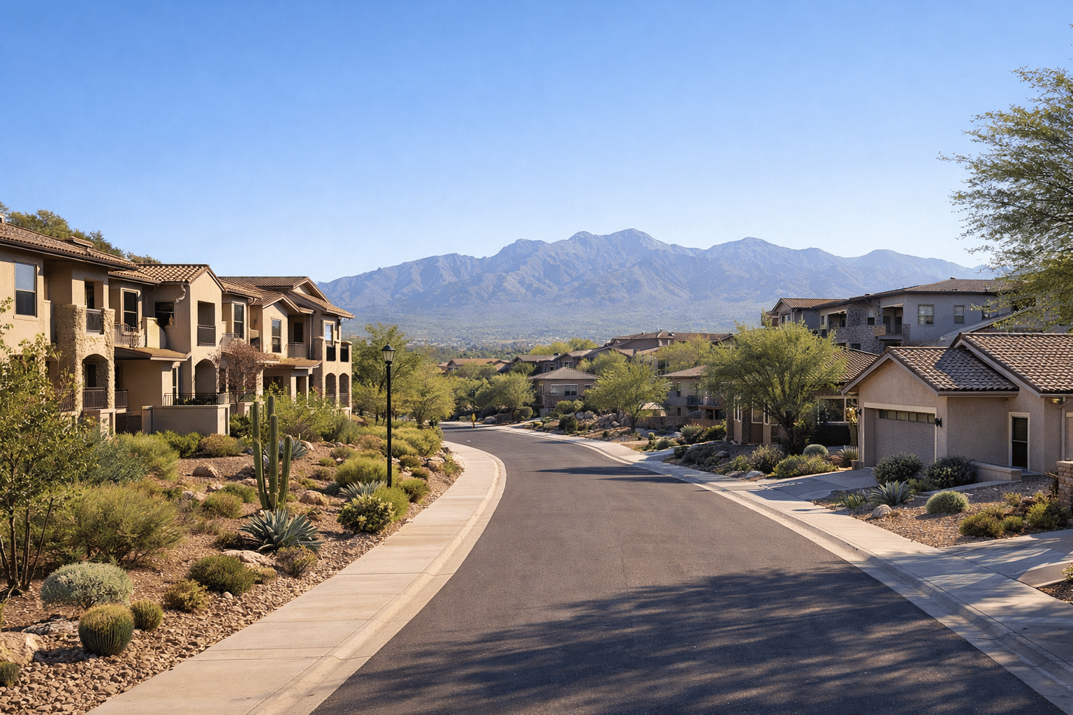 Residential streetscape in Fountain Hills showing a mix of homes and desert landscaping near the town center