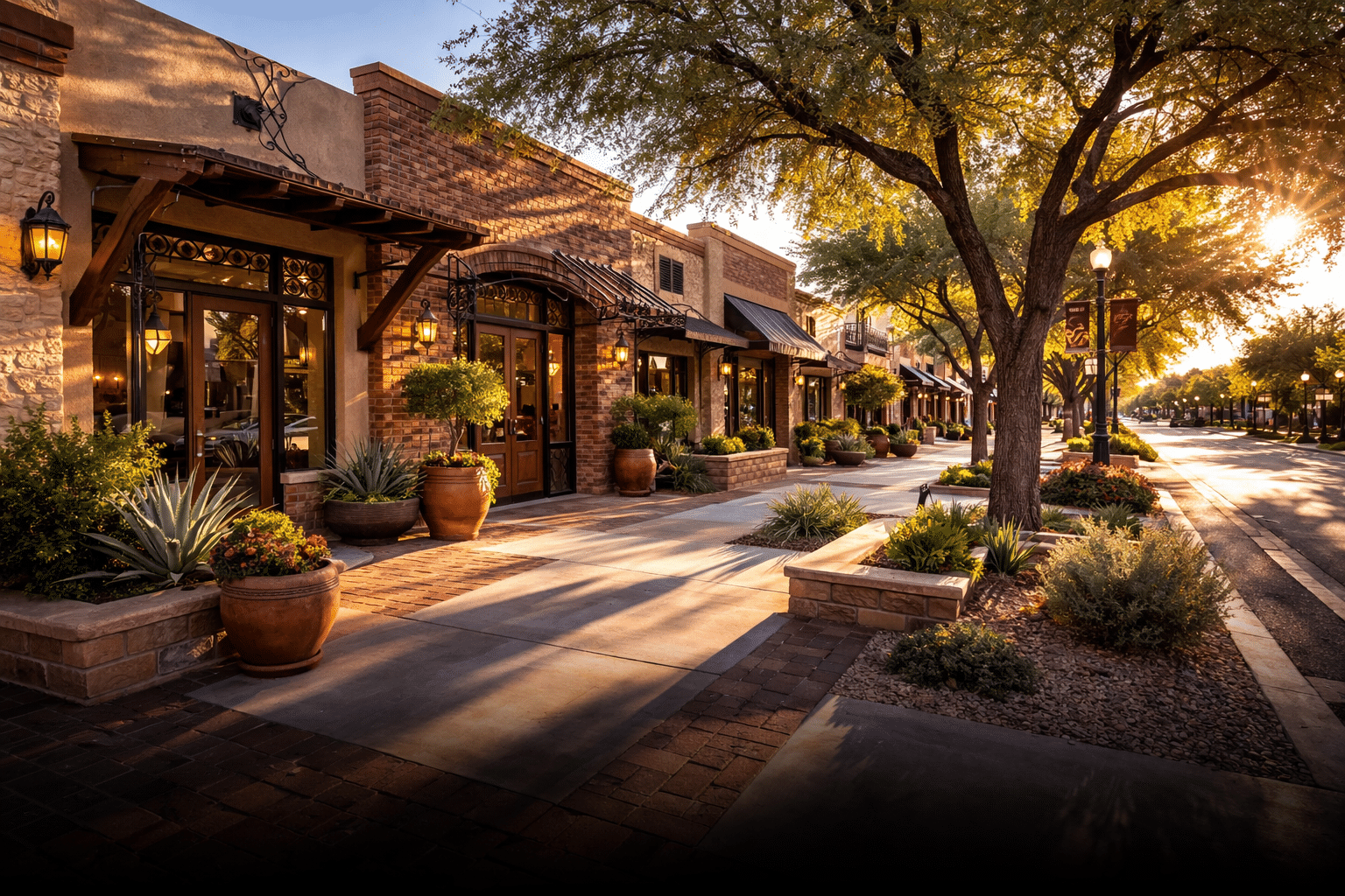 Glendale real estate Old Towne historic district street with shaded sidewalks, masonry storefronts, and ornamental iron accents — West USA Realty