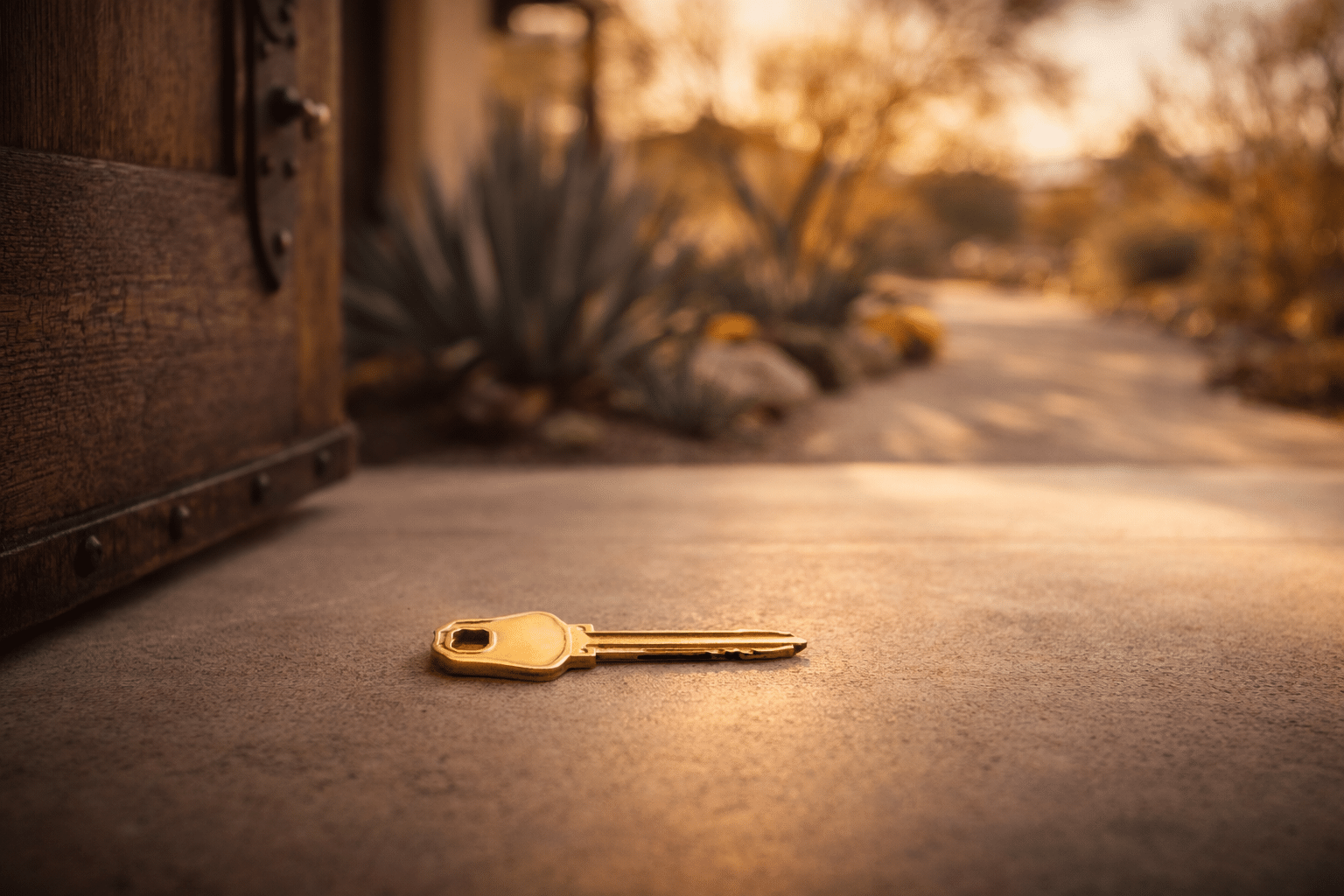 Brass house key on travertine surface beside wooden front door with iron hardware — Arizona real estate closing — West USA Realty