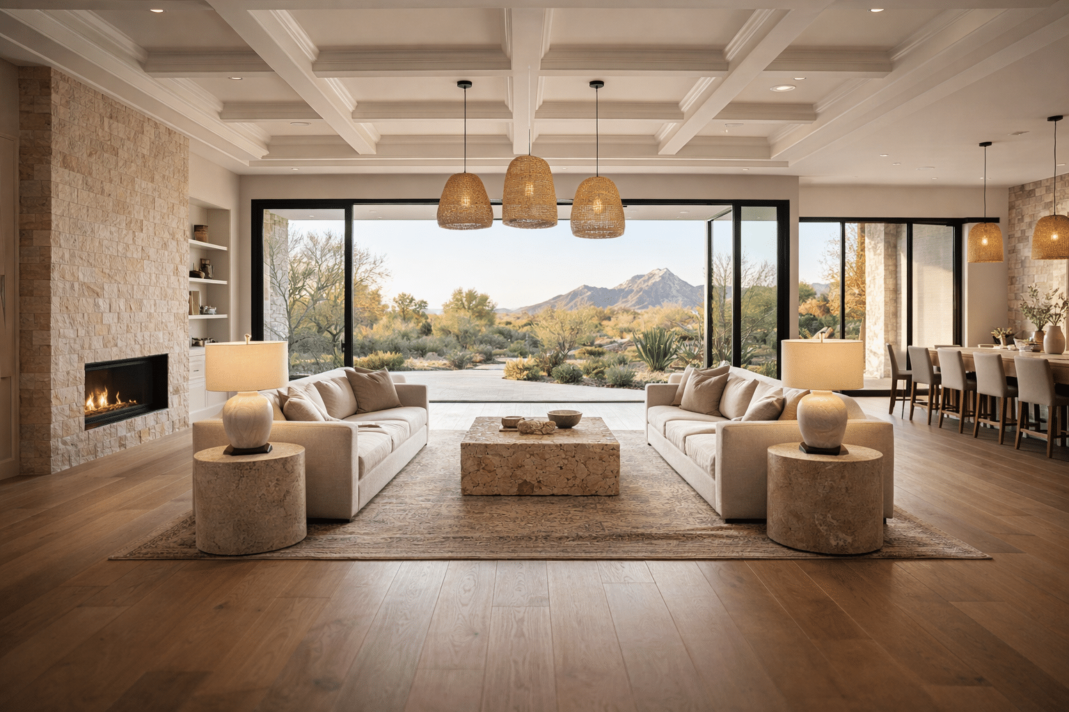 Arizona luxury real estate interior with soaring ceilings, floor-to-ceiling glass, and desert mountain view in Glendale — West USA Realty