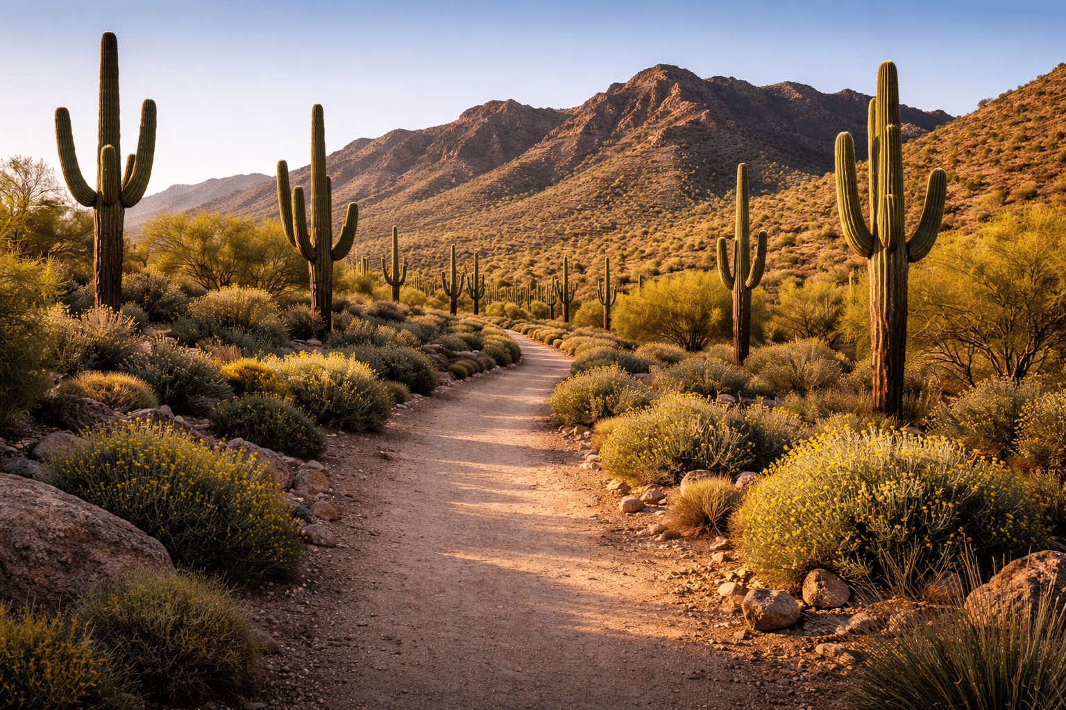 Goodyear real estate Estrella Mountain Regional Park desert trail with saguaro cactus at golden hour — West USA Realty