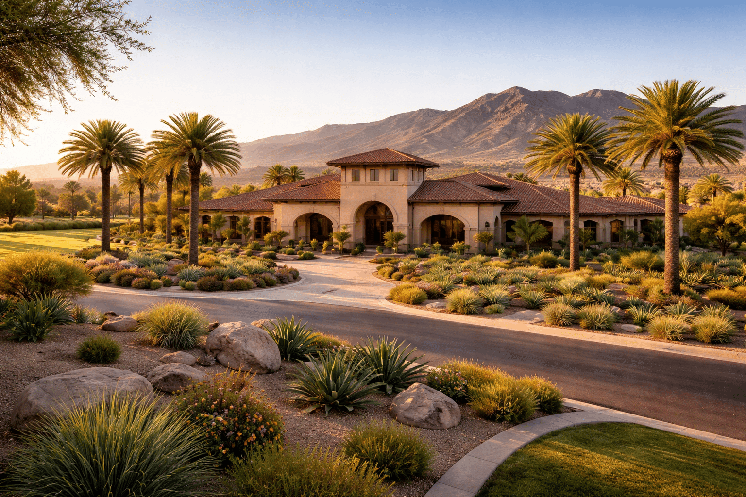 Goodyear housing market PebbleCreek active adult community clubhouse at golden hour — West USA Realty