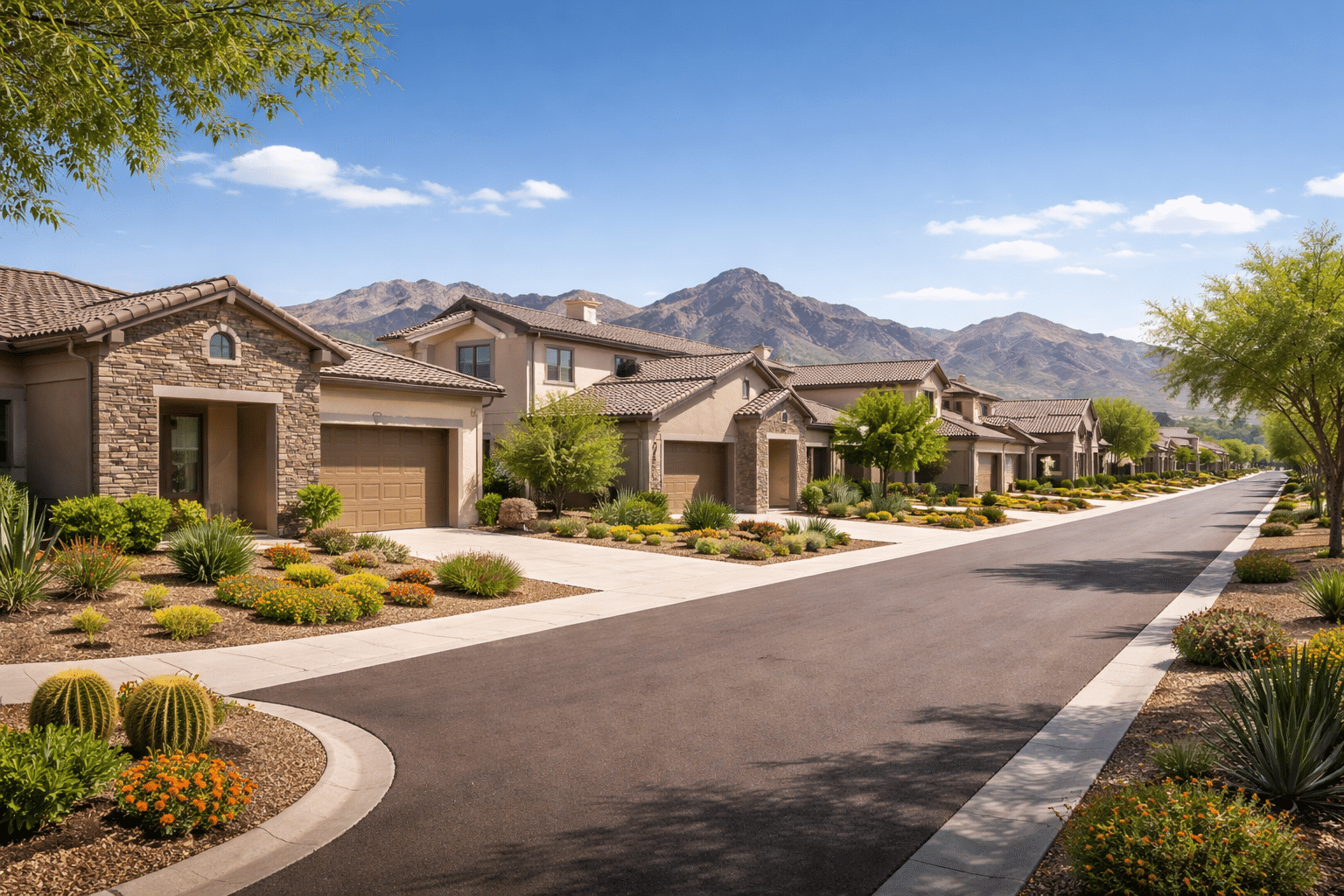 New construction homes in Goodyear, AZ with updated exteriors, fresh landscaping, and modern neighborhood design