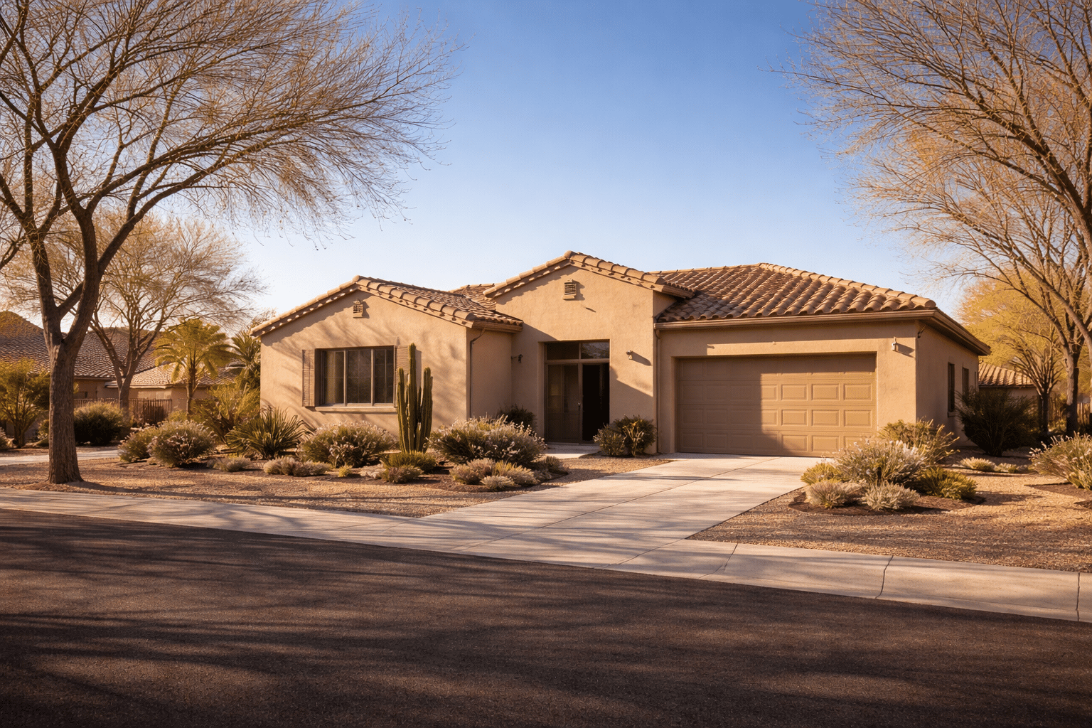 Single-story Arizona ranch home with desert landscaping along a quiet residential street in Florence, Arizona — West USA Realty