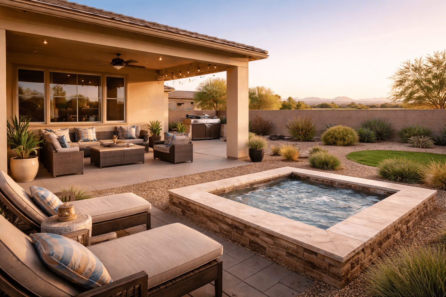 Spacious Coolidge Arizona backyard with covered patio and desert landscaping at golden hour — West USA Realty
