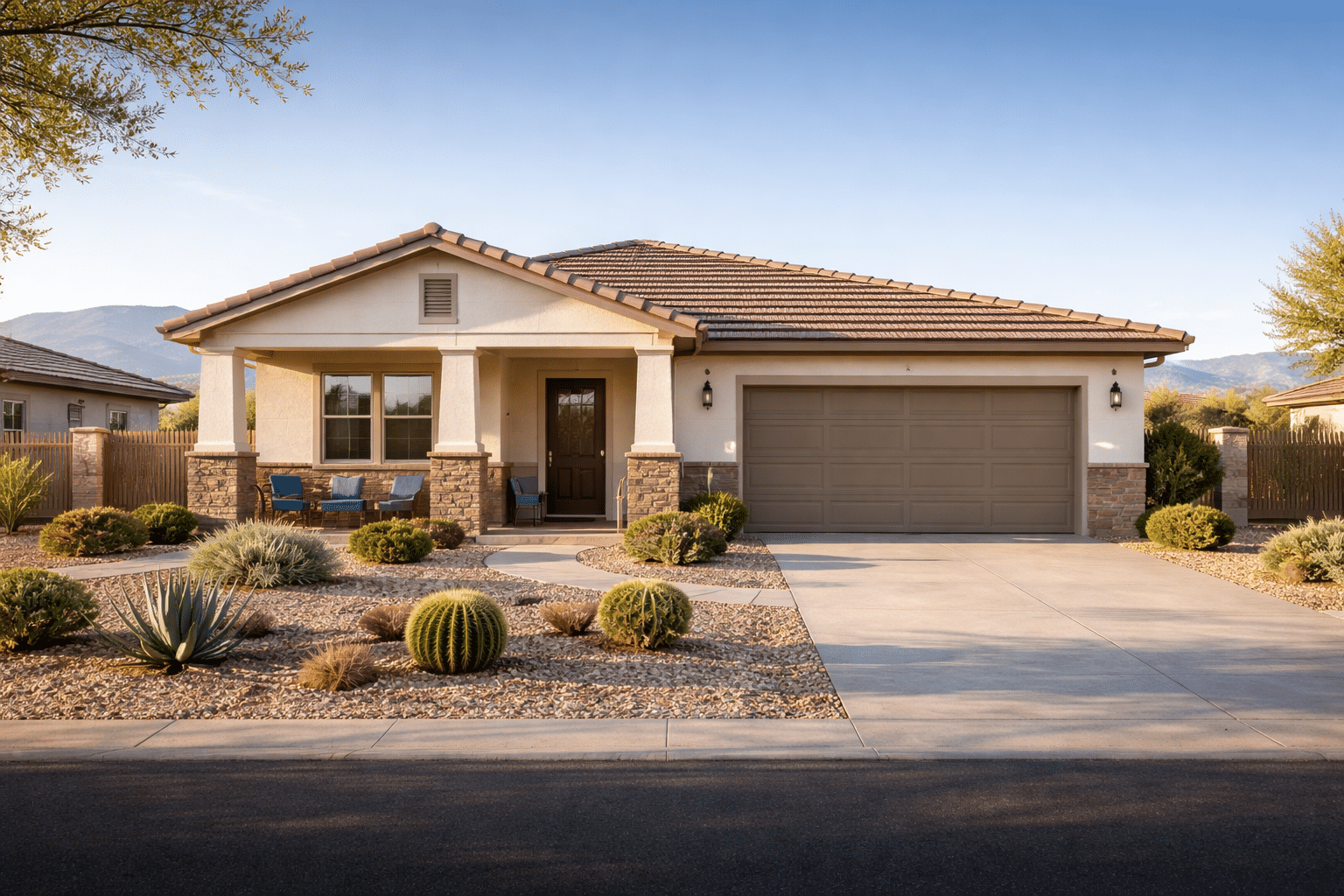Ranch-style home in Coolidge Arizona with desert landscaping and covered porch under a crisp Pinal County winter sky — West USA Realty