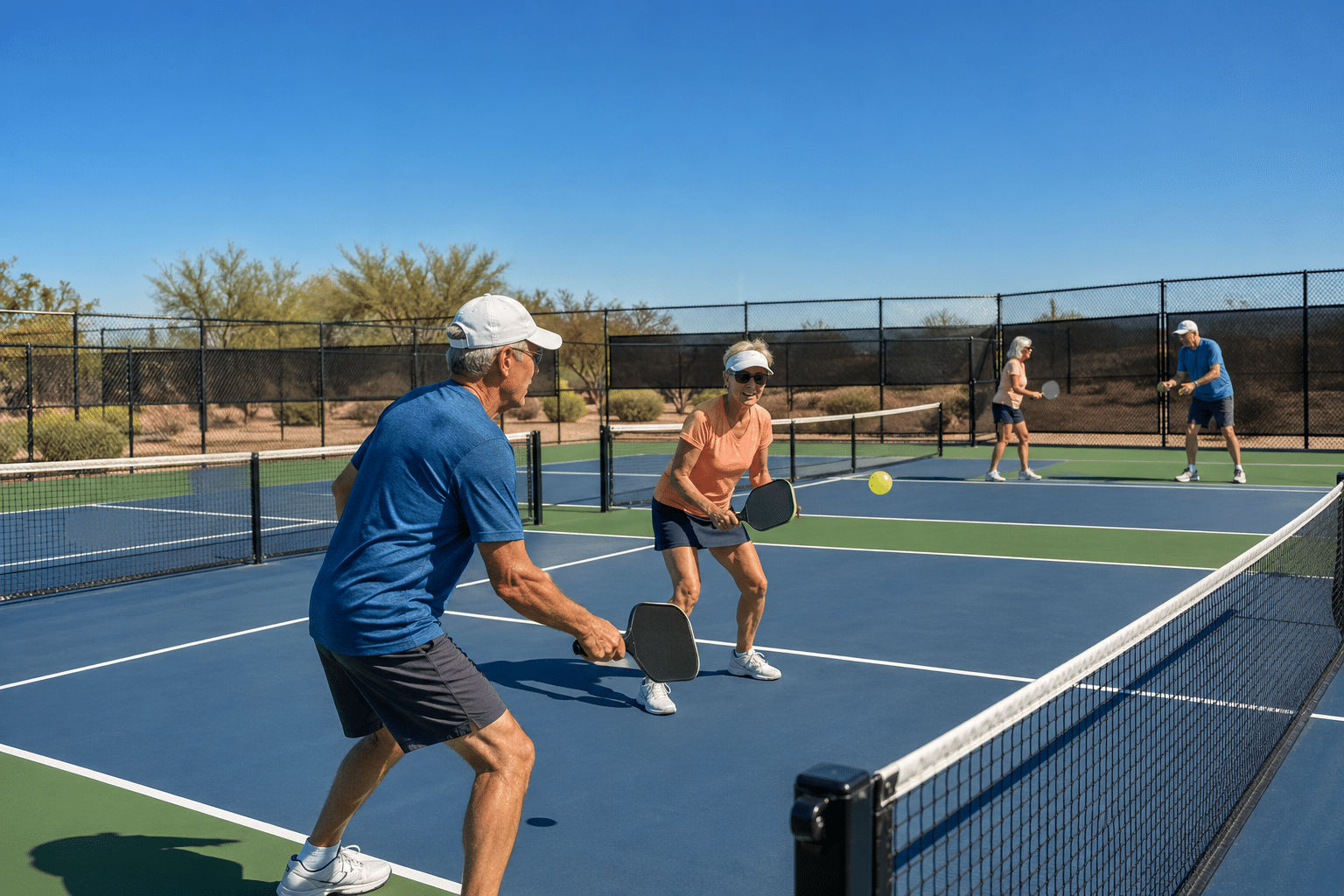 Active pickleball match in bright sunlight