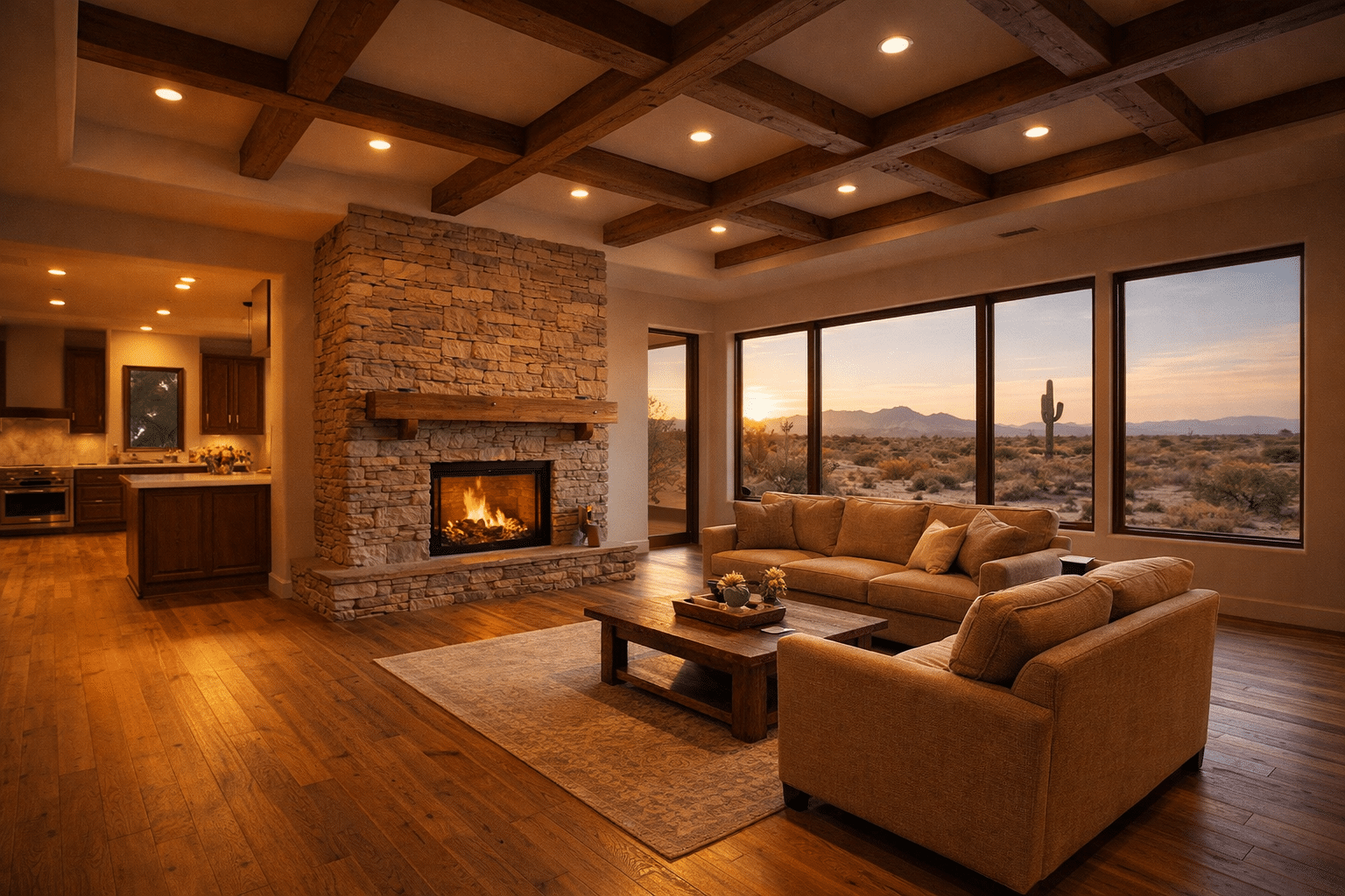 Wickenburg real estate luxury great room stone fireplace territorial ranch interior warm lighting