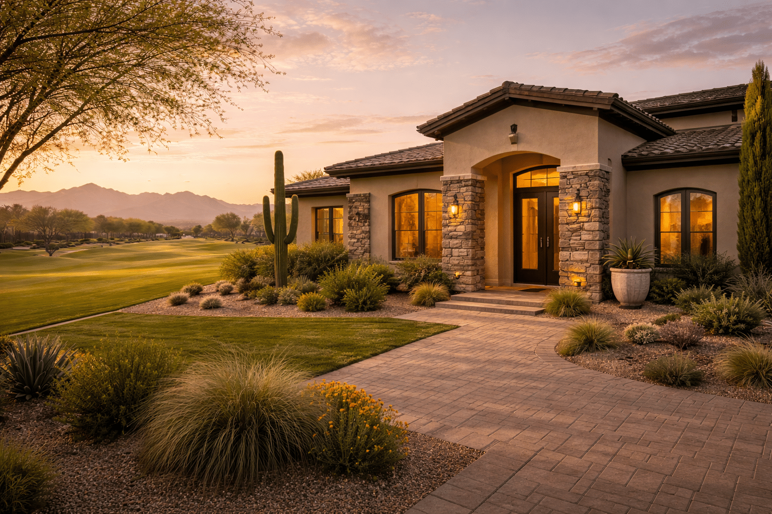 Litchfield Park homes for sale Wigwam golf course estate exterior Golden Hour desert-contemporary