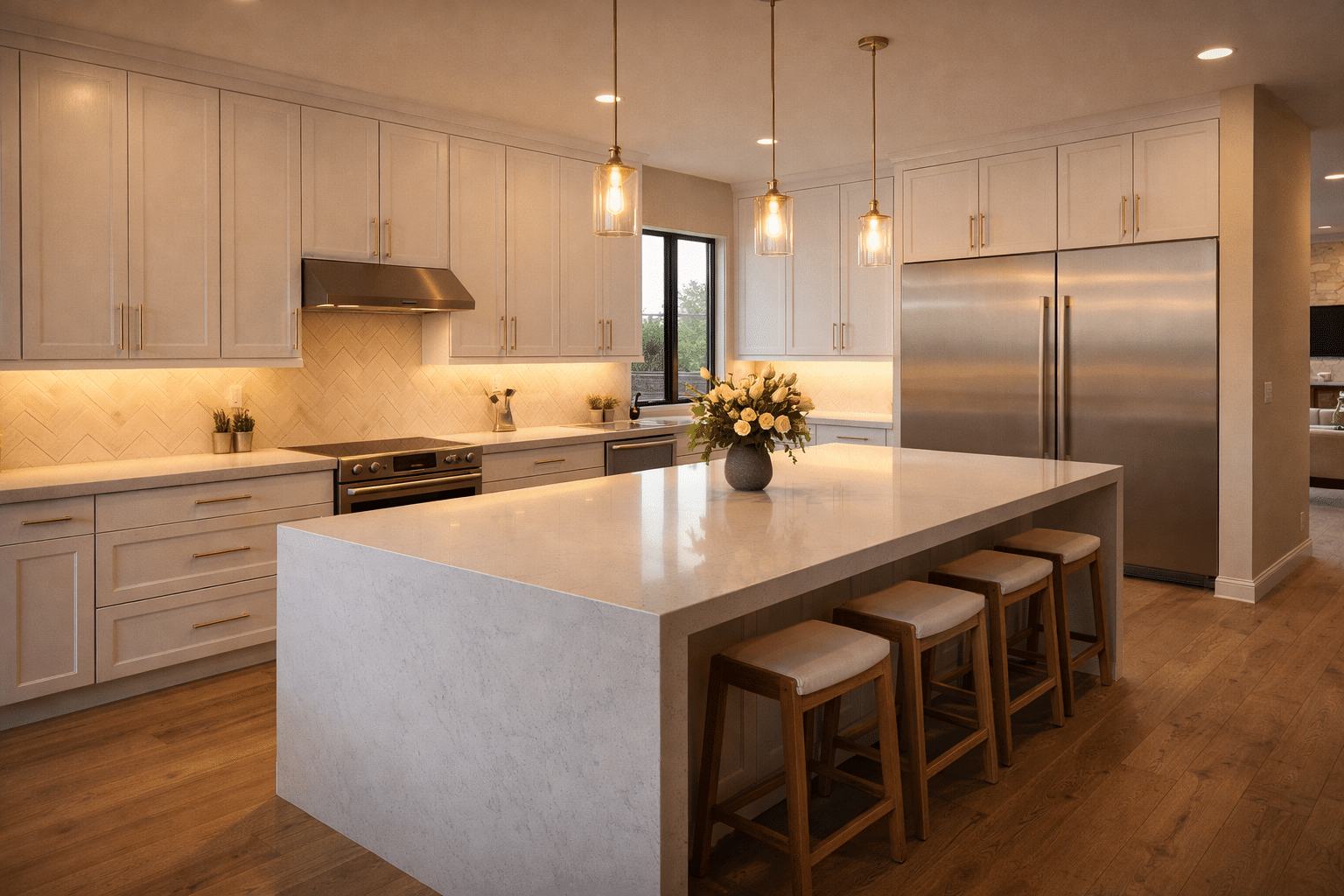 Gilbert homes for sale Arizona luxury kitchen quartz island warm pendant lighting