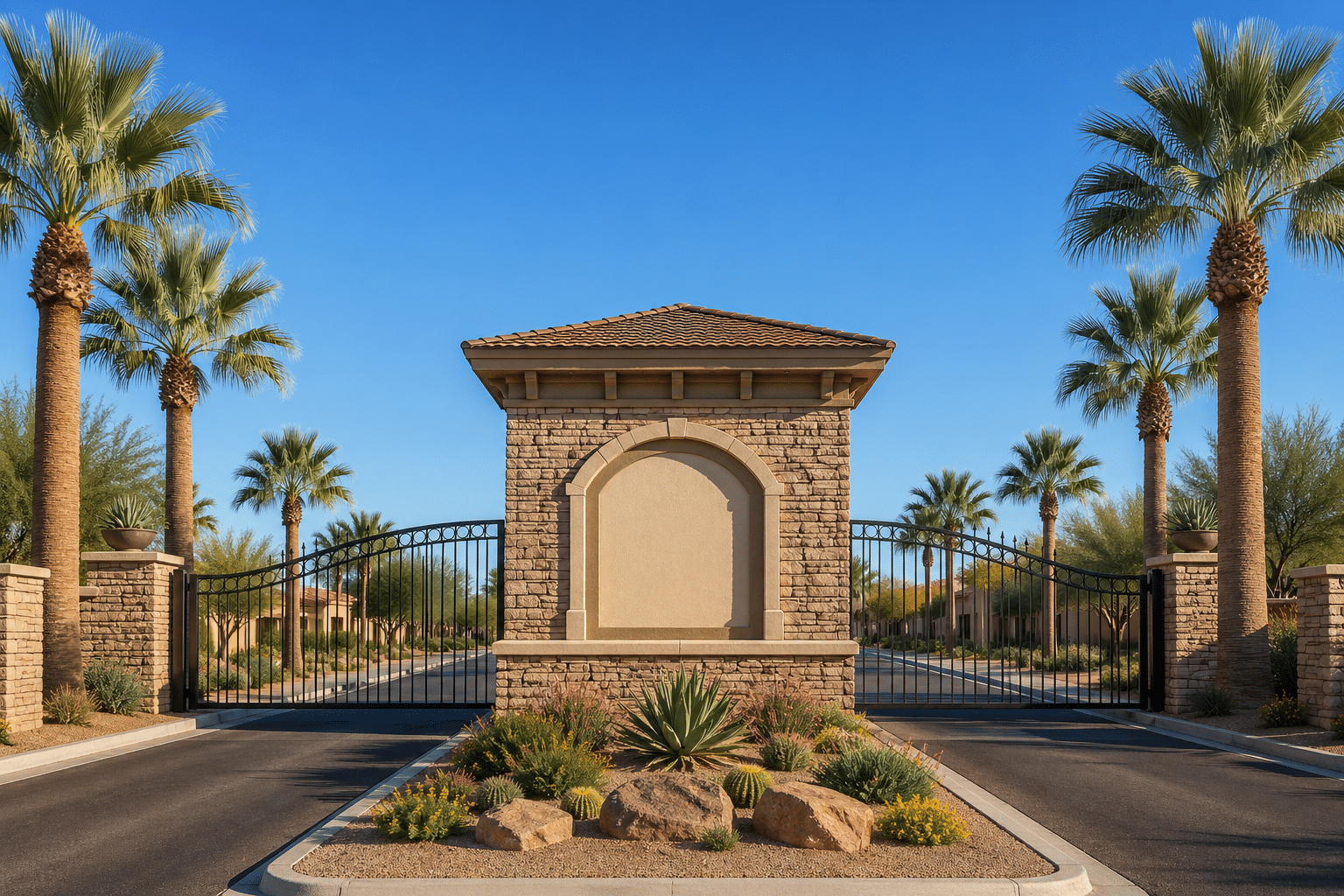 Gated community entrance under clear skies