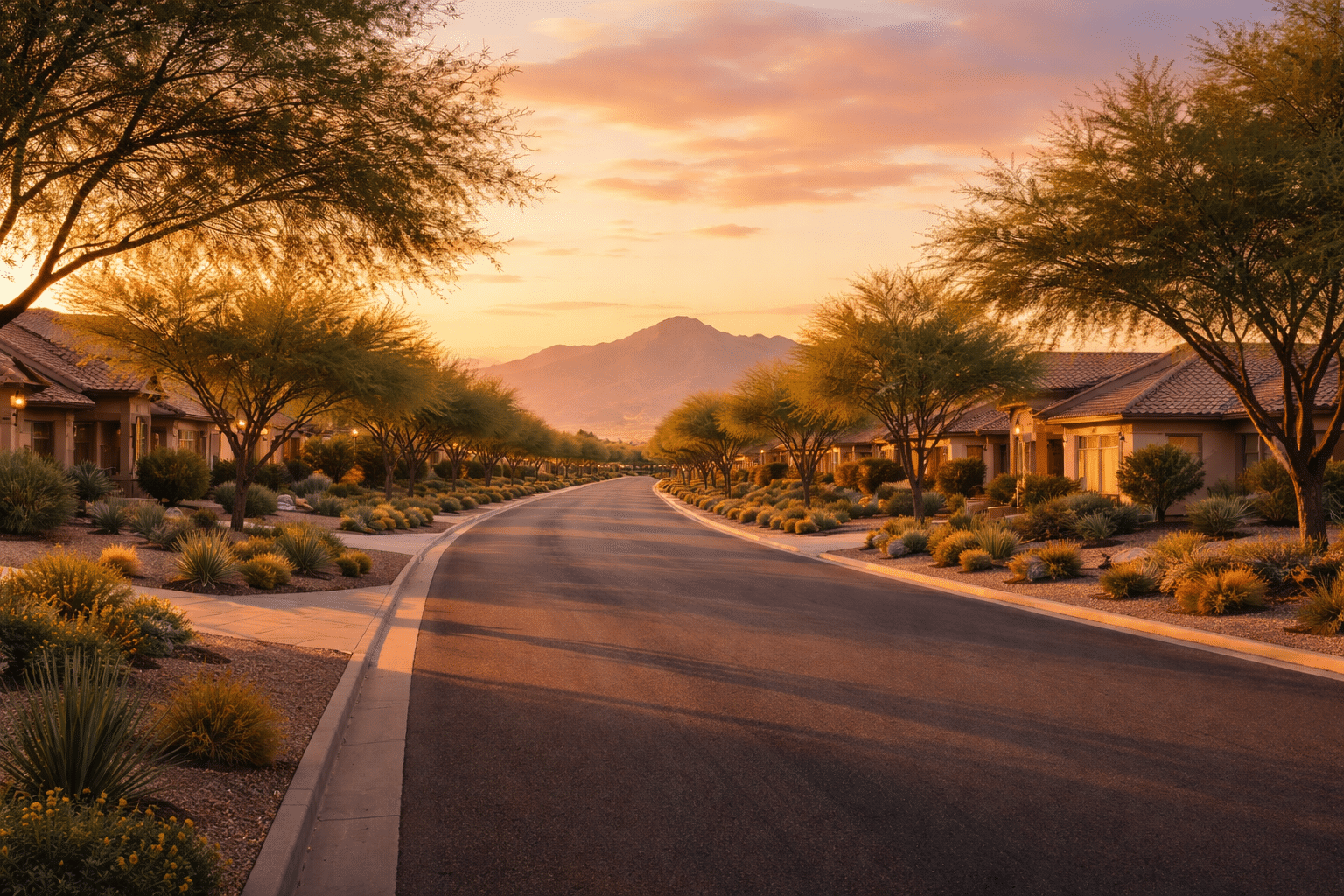 homes for sale in Queen Creek AZ streetscape San Tan Mountains Golden Hour