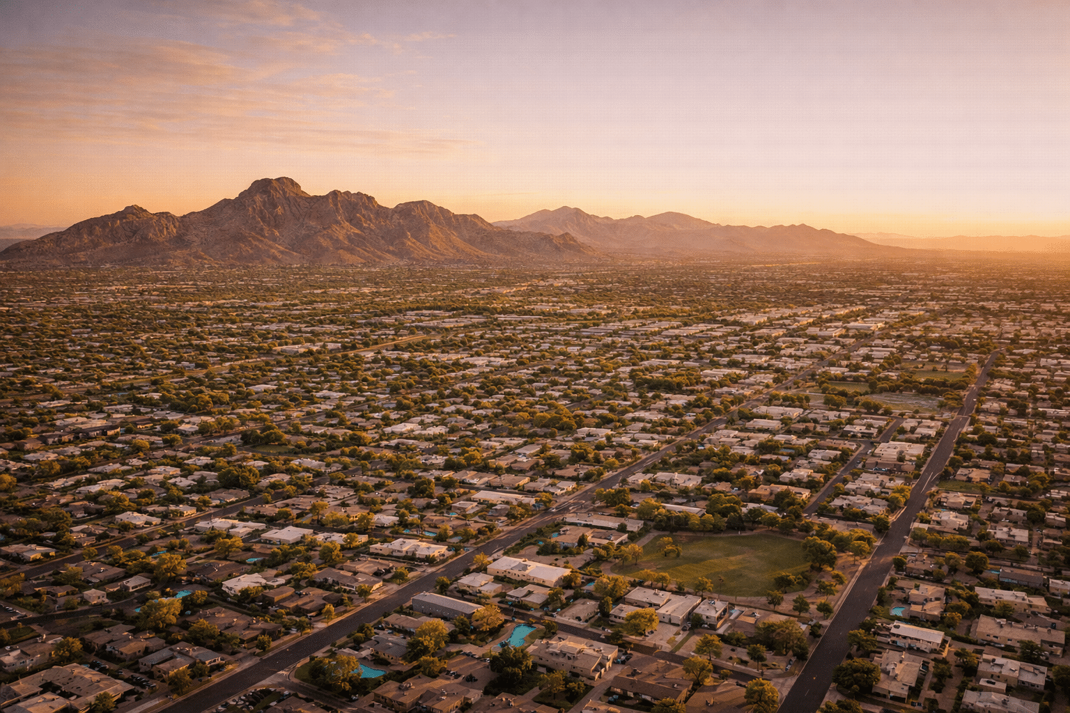 Scottsdale AZ homes for sale citywide aerial Camelback Mountain McDowell Mountain Golden Hour