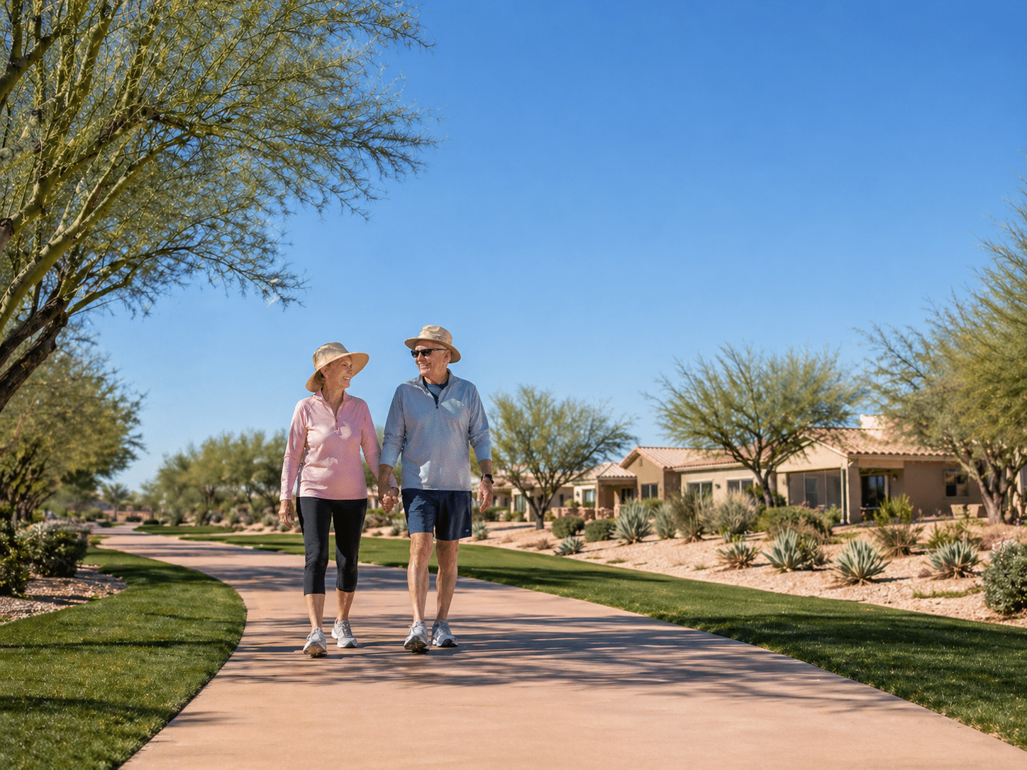 Leisurely walk through suburban desert neighborhood
