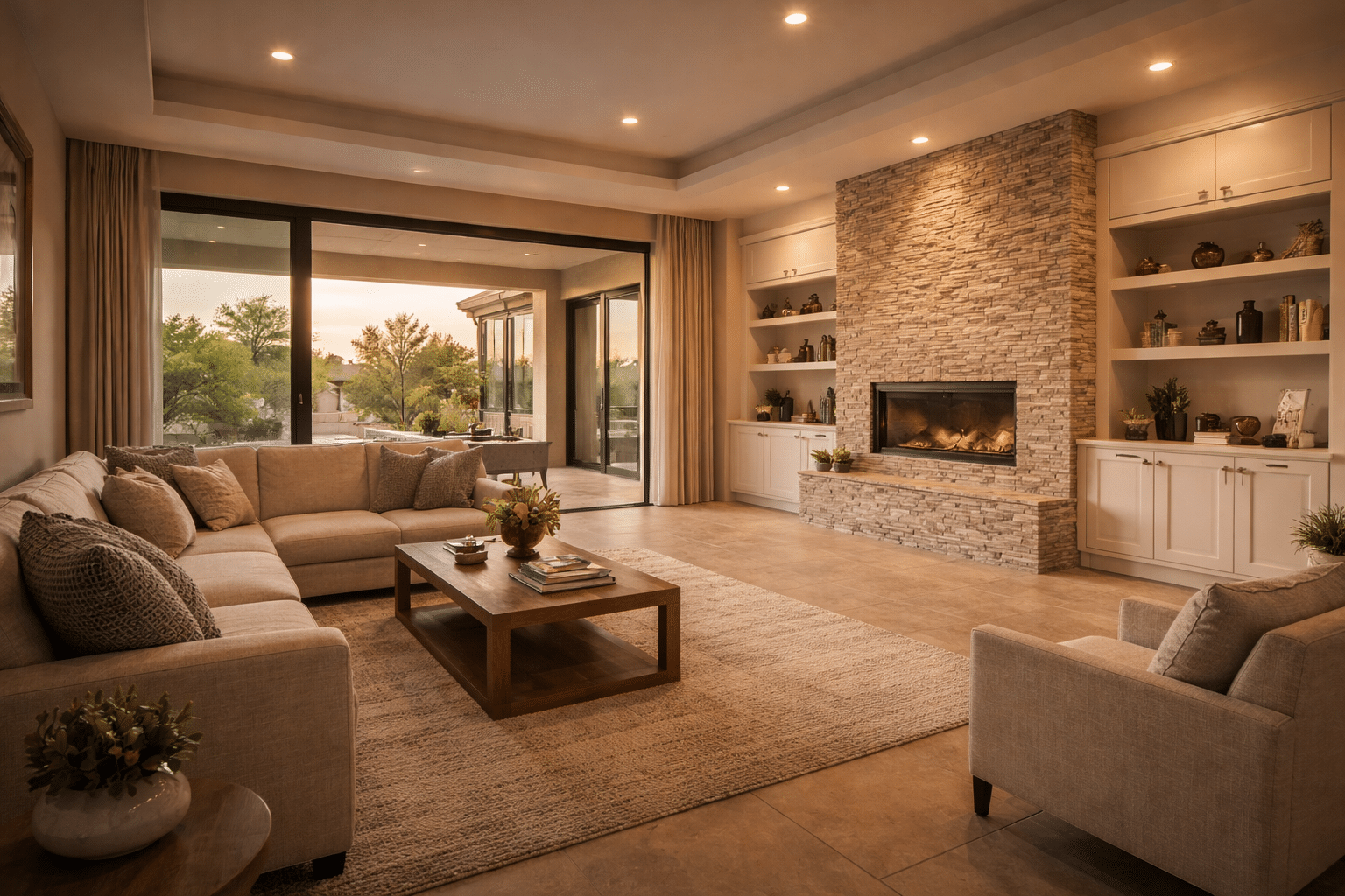 Surprise AZ homes for sale luxury great room open floor plan stone fireplace natural light interior