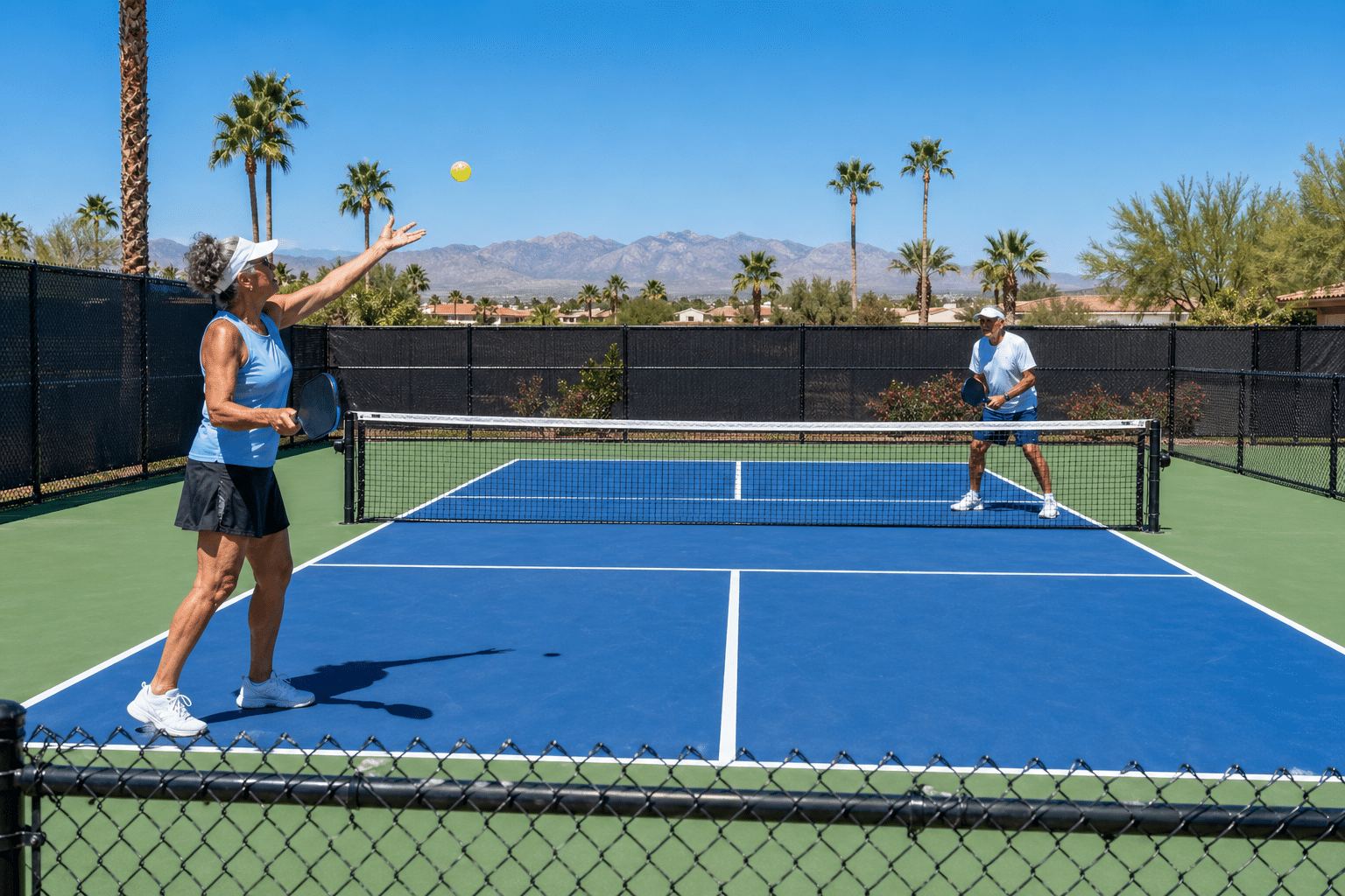 etired couple in their early 70s, different gender and mixed ethnicity, playing pickleball on a community court at midday in an established West Valley Arizona 55+ community