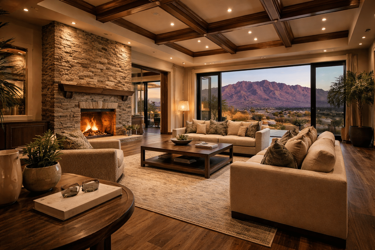 Rio Verde AZ homes for sale luxury great room interior stone fireplace mountain view