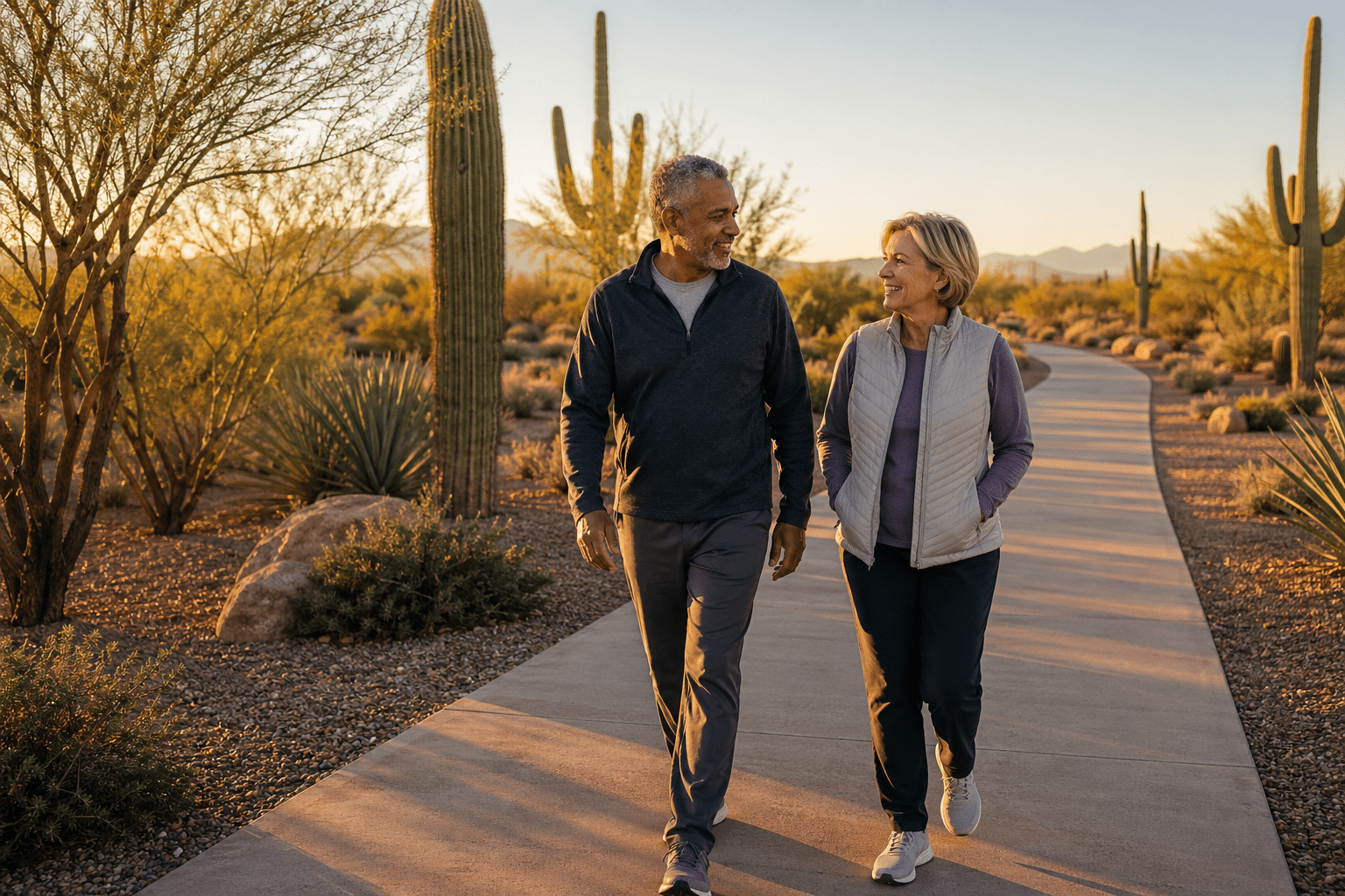 couple in their early to mid 60s walking together on a paved community trail in a West Valley Arizona active adult community