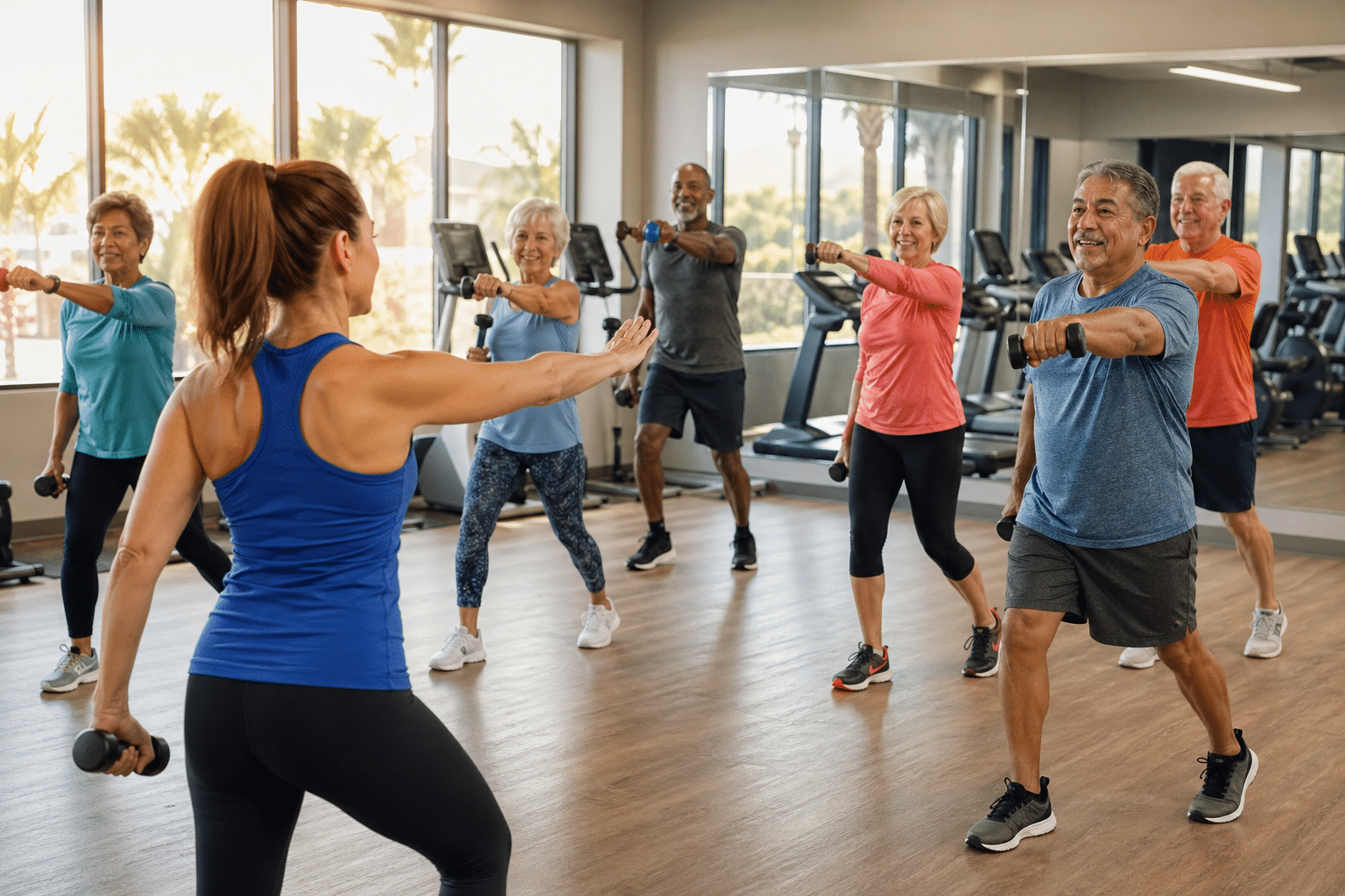 group fitness class in a bright modern fitness center at a 55+ active adult community in Surprise, Arizona.