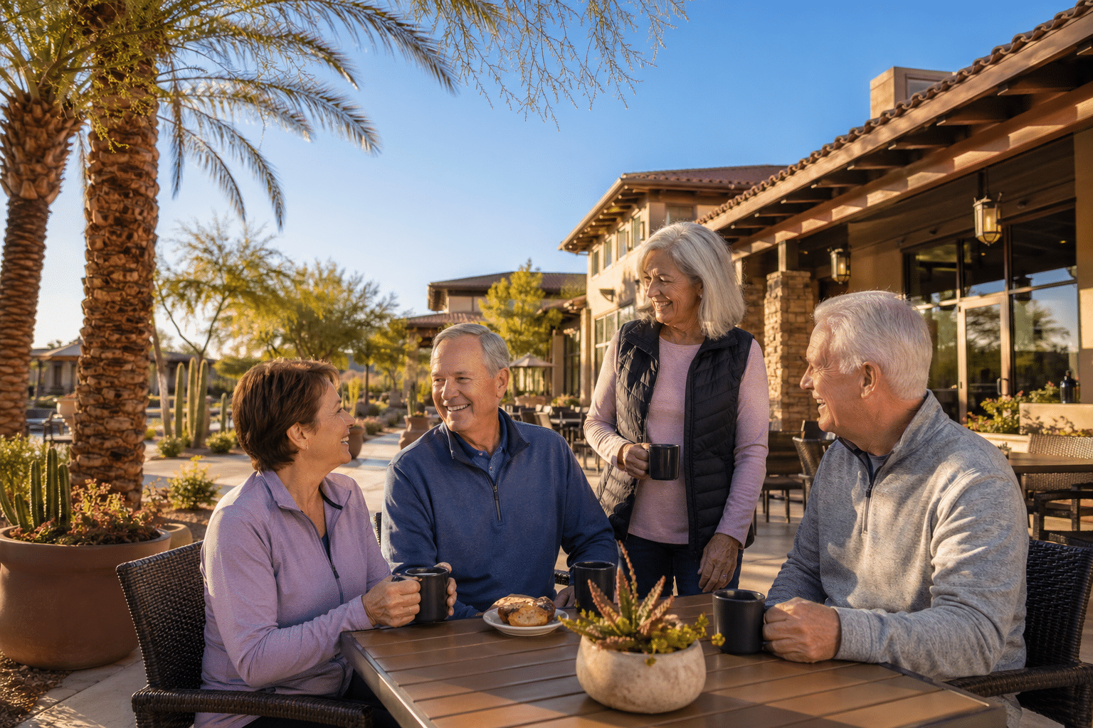 three to four adults aged 55 to 75 gathered at an outdoor cafe patio at a West Valley Arizona active adult community recreation center