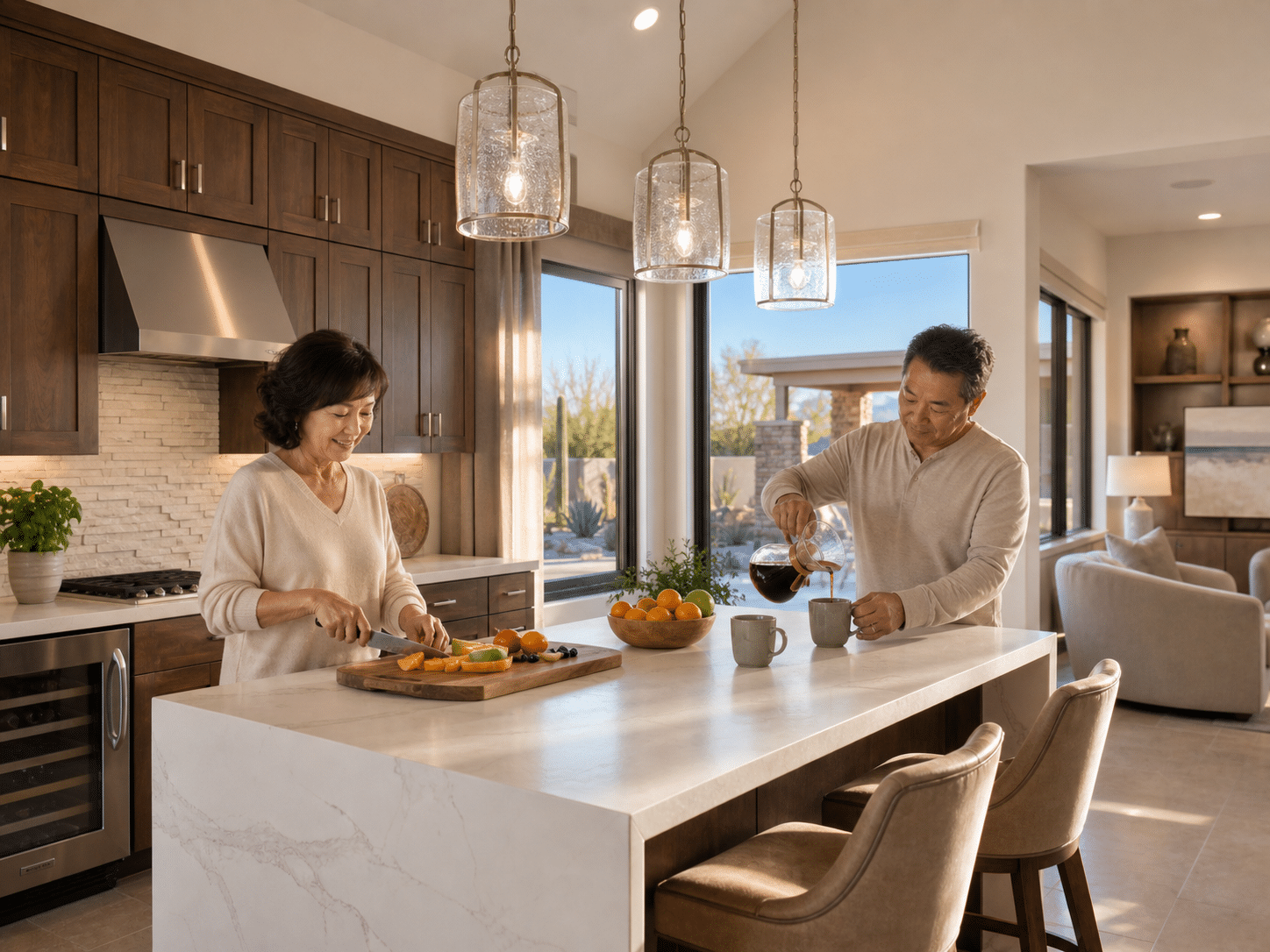couple in their late 50s and early 60s preparing breakfast in an open-concept Toll Brothers desert contemporary kitchen