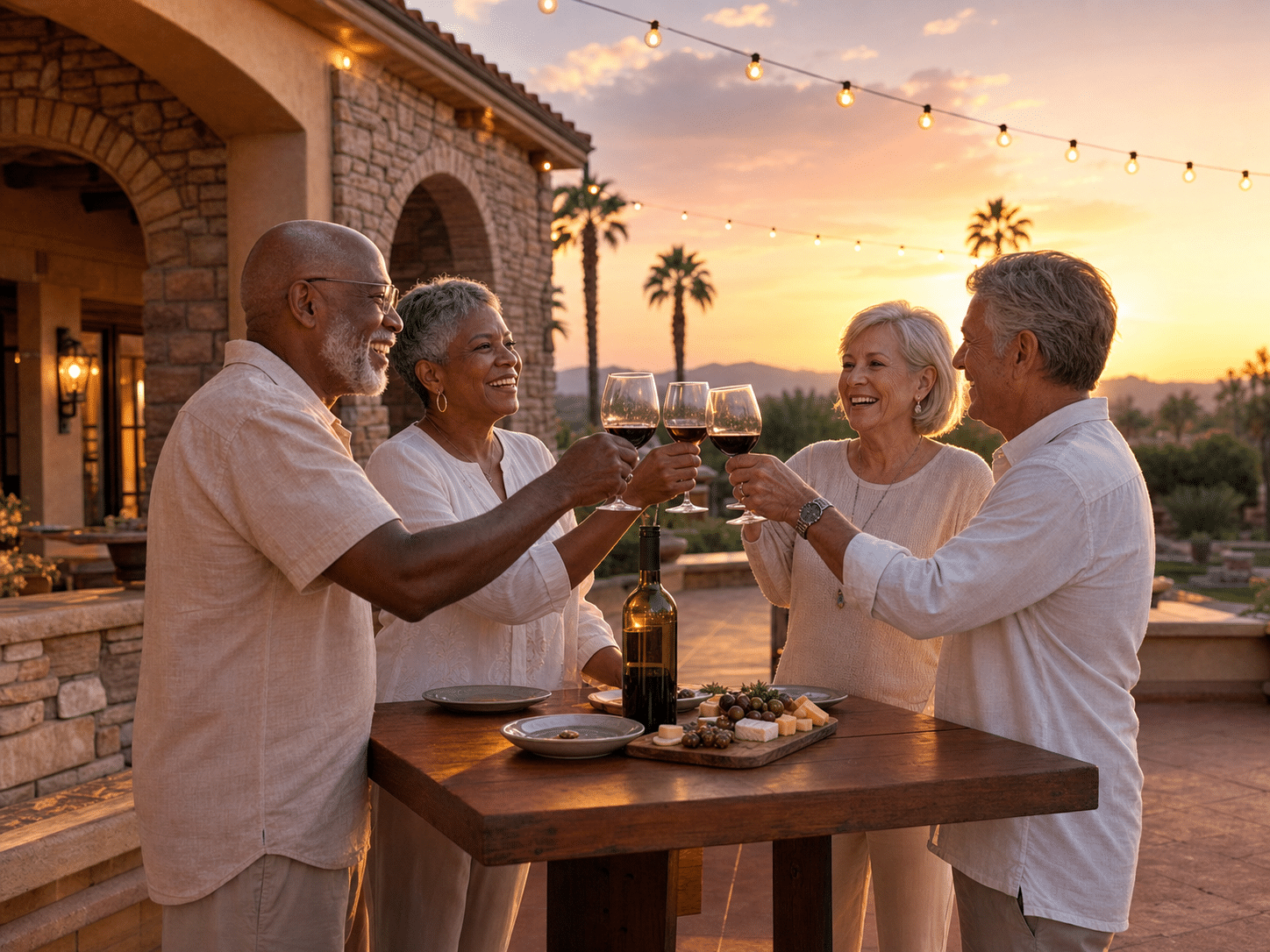 athered around a high-top patio table at an outdoor wine tasting on the clubhouse patio of a 55+ community in Surprise Arizona