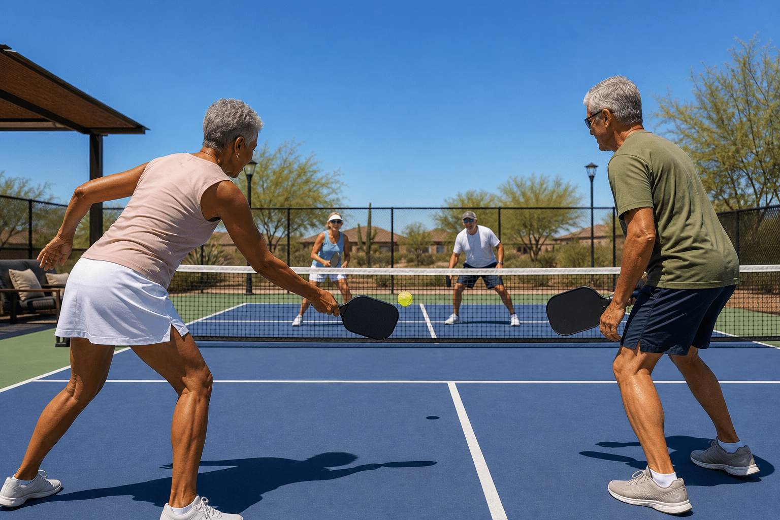 Asante Heritage residents in their 60s playing a doubles pickleball match
