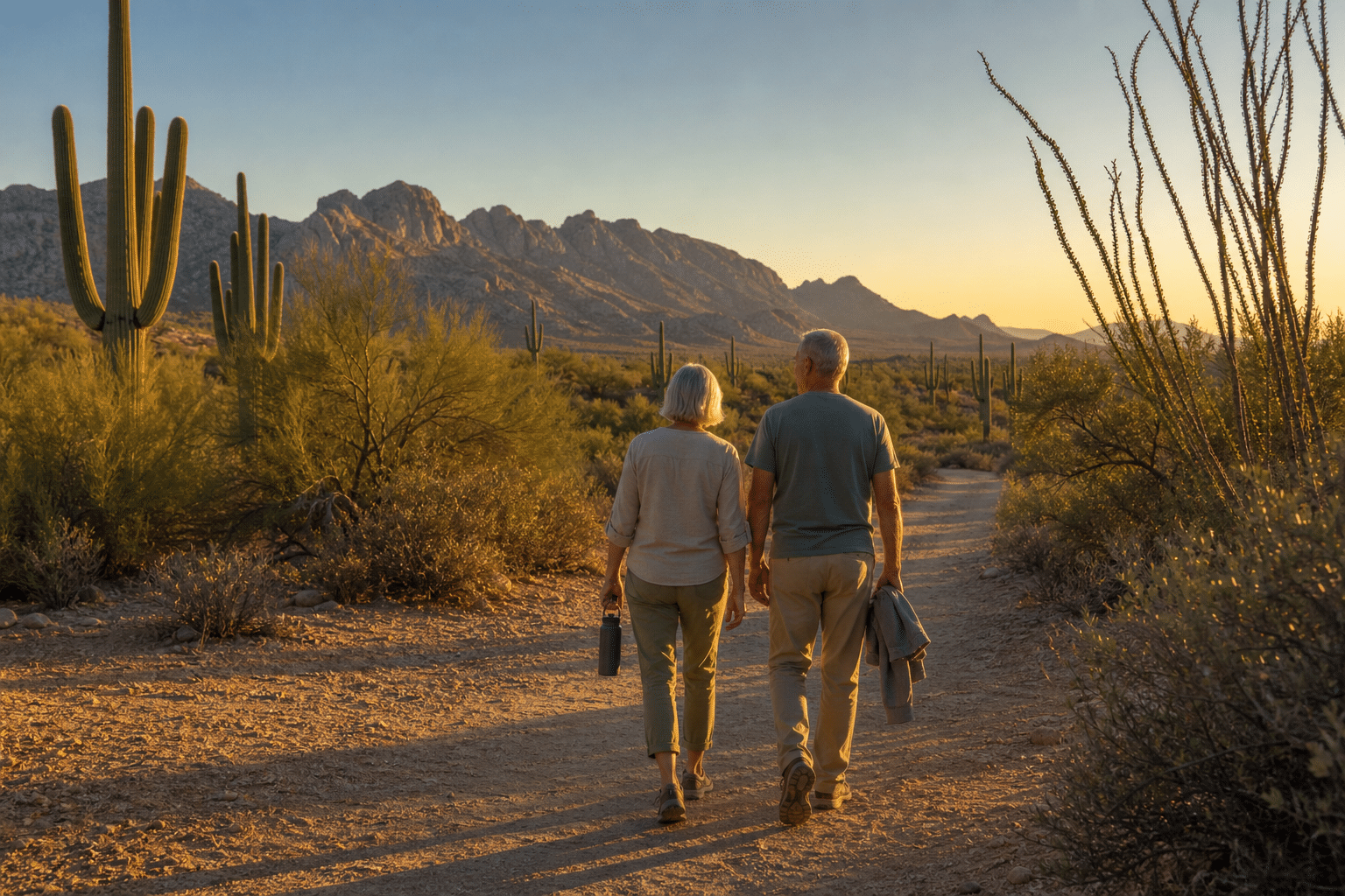 ouple in their early 60s walking side by side on a natural desert wash trail near Asante Heritage in north Surprise, Arizona