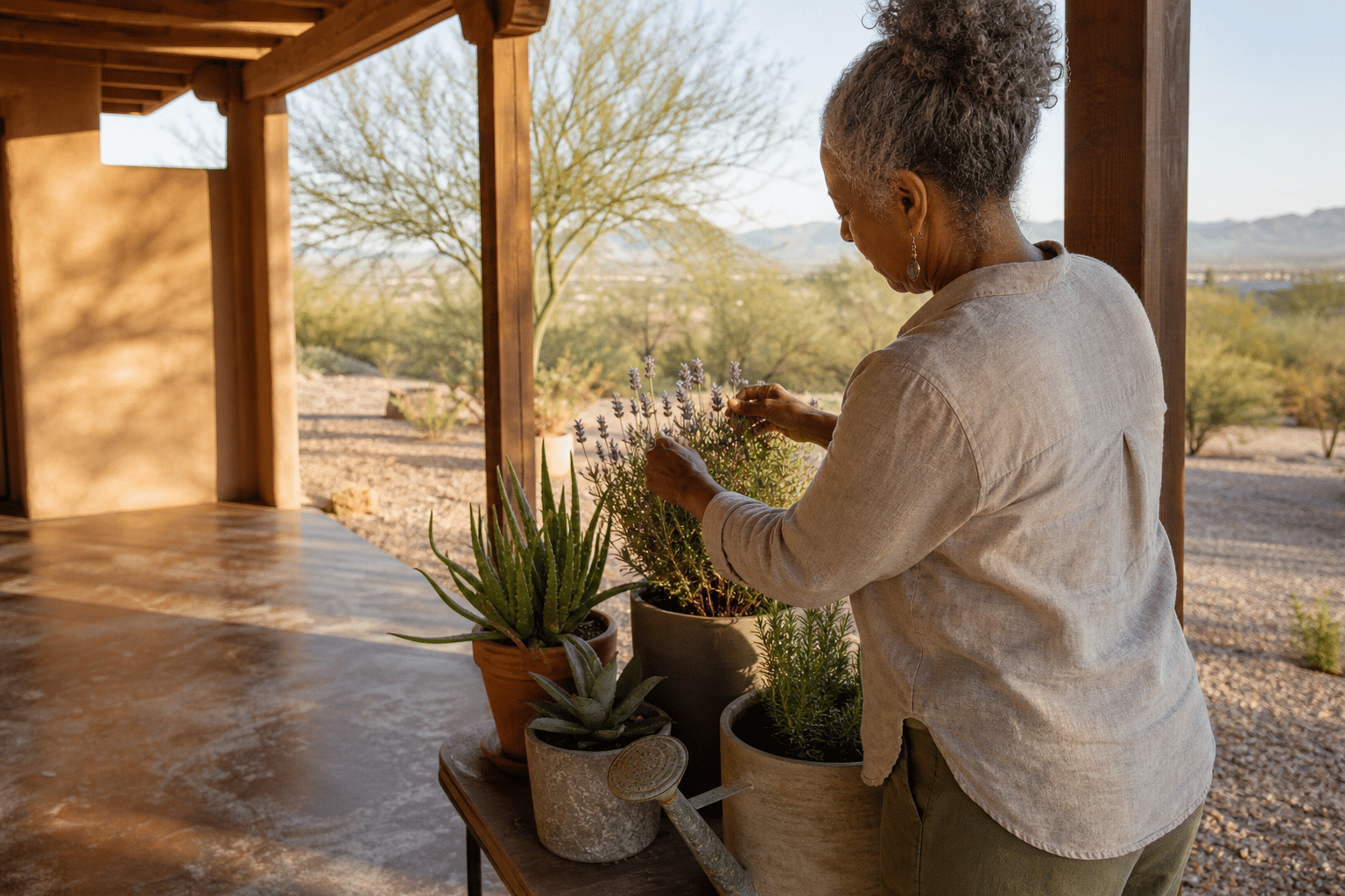 solo woman in her late 60s tending to a small grouping of potted succulents and herbs on her covered Asante Heritage back patio