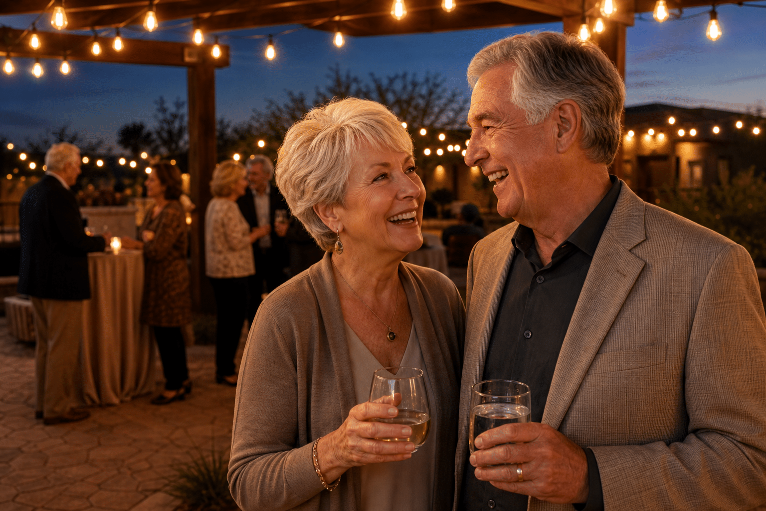 couple in their early 70s standing close in conversation at an Asante Heritage outdoor evening community event in north Surprise, Arizona