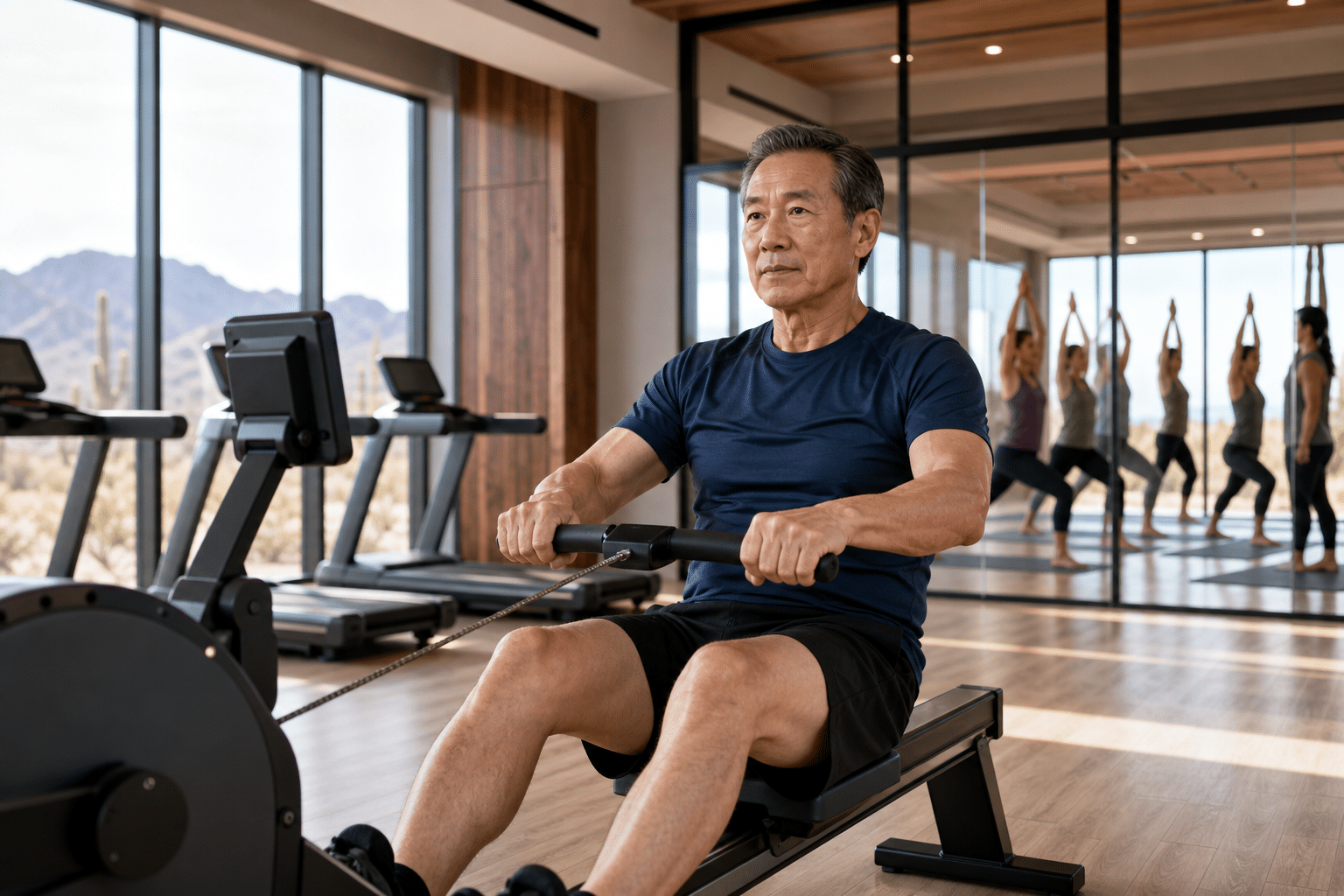 rowing machine in mid-stroke on a modern fitness floor in bright morning light