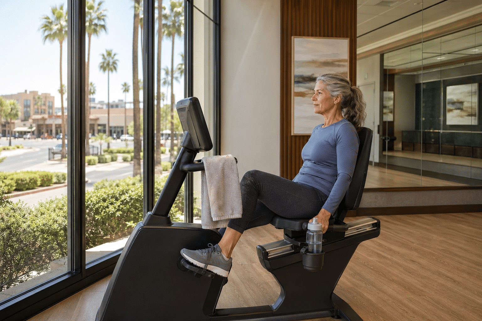 woman working out on a recumbent bike inside the Scottsdale Shadows tower fitness center