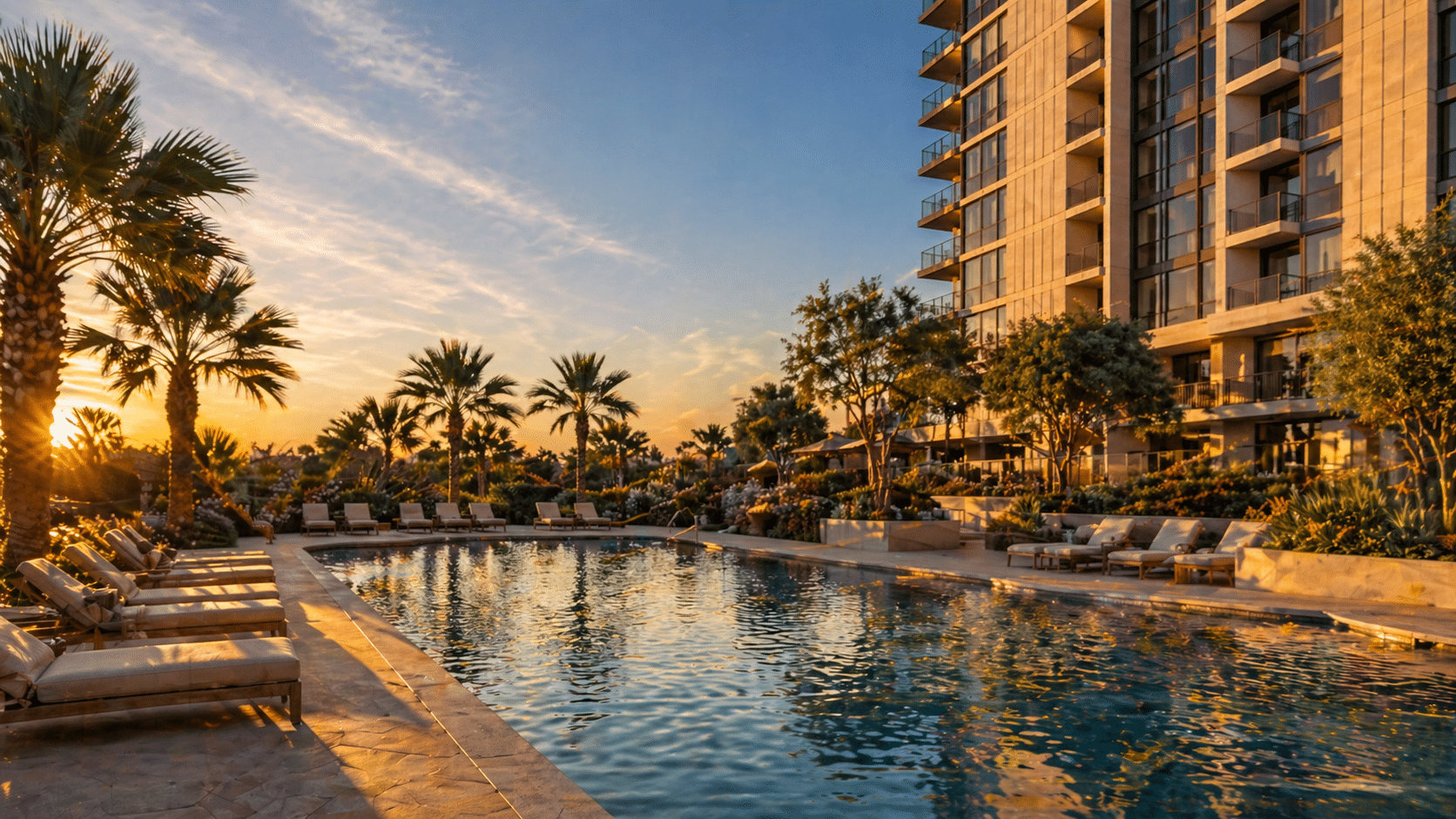 Scottsdale Shadows resort-style pool deck at golden hour