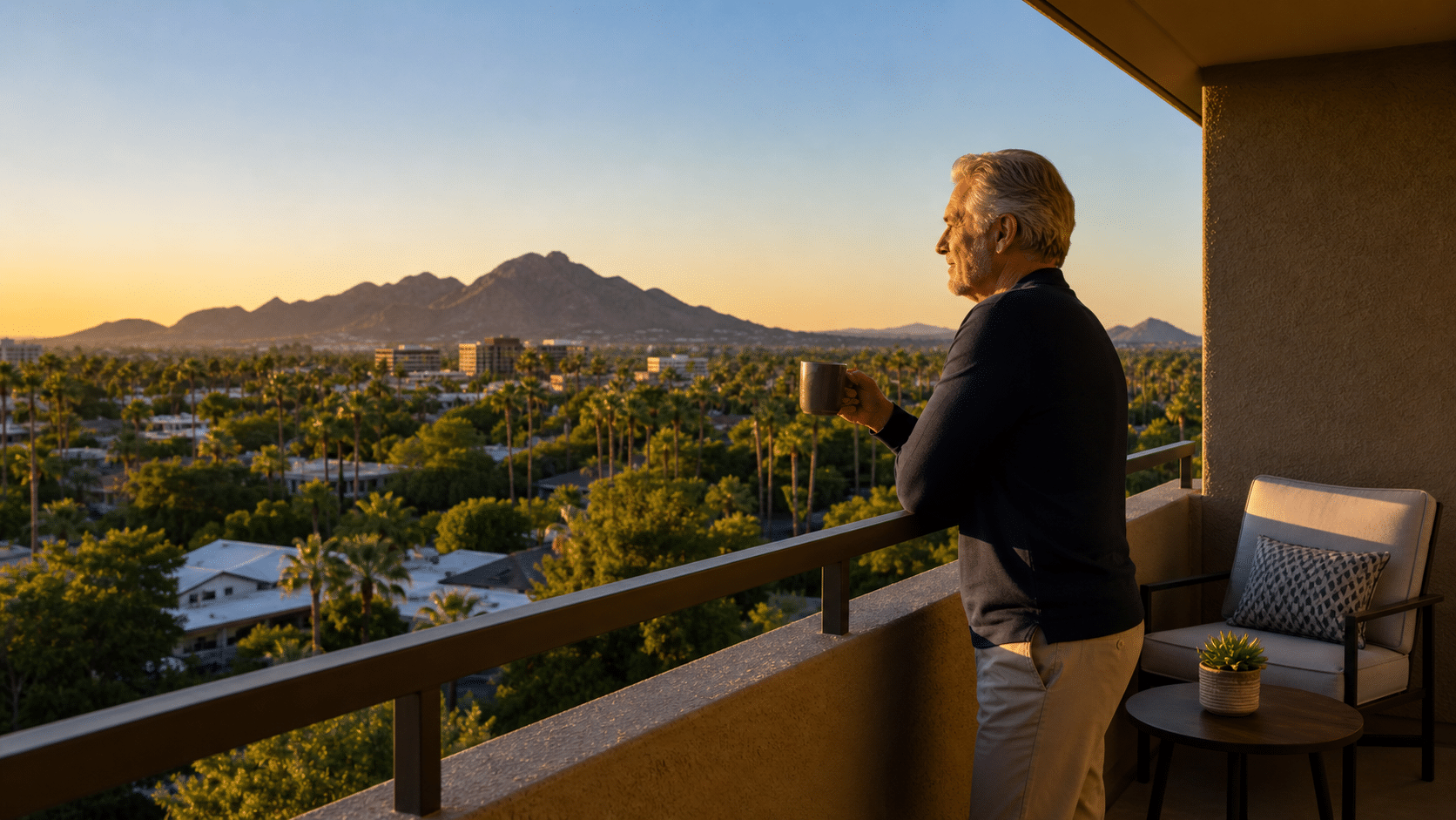 man enjoying coffee on a private upper-floor balcony at Scottsdale Shadows in central Scottsdale, Arizona